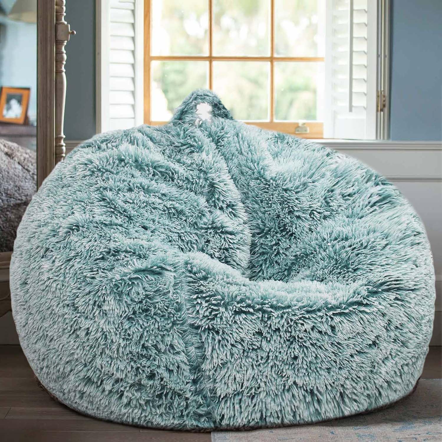 Fluffy Stuffed Animal Storage Bean Bag Chair Cover (No Filler), Faux Fur Comfy Bean Bag Cover for Organizing Plush Toys or Textile, for Adults Teens Kids Girls,Dark Green