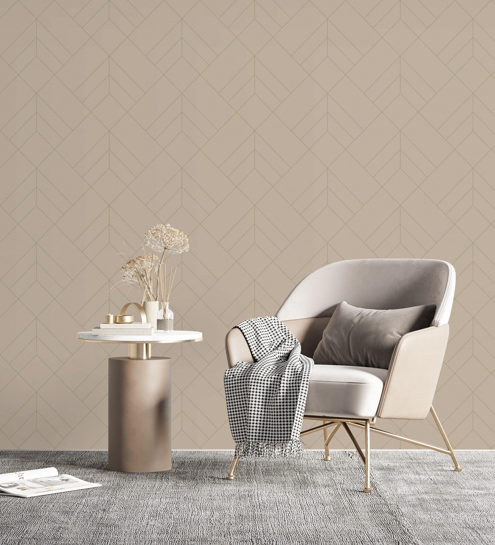 GAULAN 682085 - Papel pintado geométrico de rombos con líneas doradas fondo nude estilo Art déco para pared salón cocina baño dormitorio pasillo - Rollo de 10 m x 0,52 m