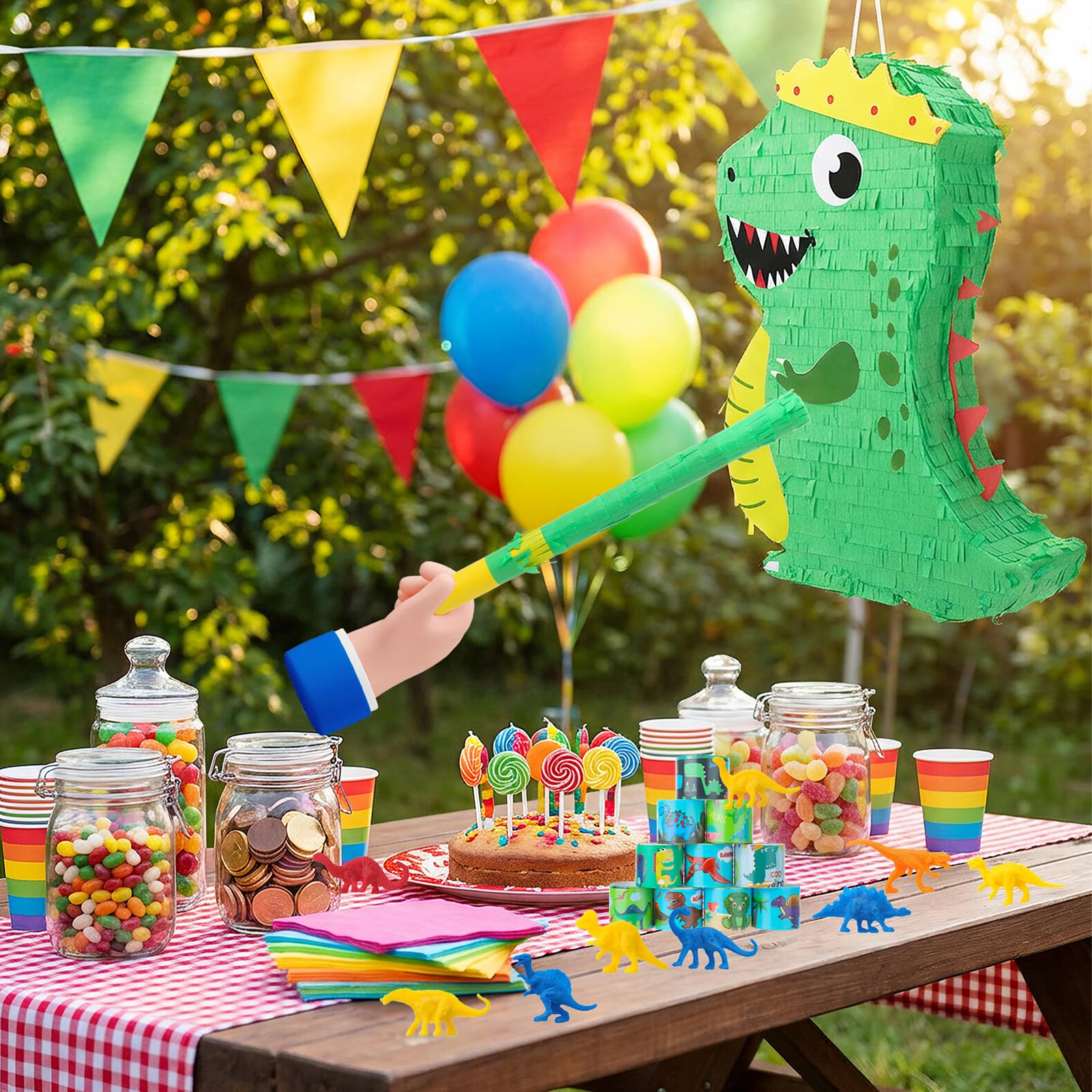 Dinosaurier Pinata Set Dino Pinjata Mit 24 Dino-Figuren, 12 Armbländern, Aufklebern & 12 Ringen, Inkl. Schlagstock & Augenbinde Für Dino Geburtstag, Schulanfang, Party