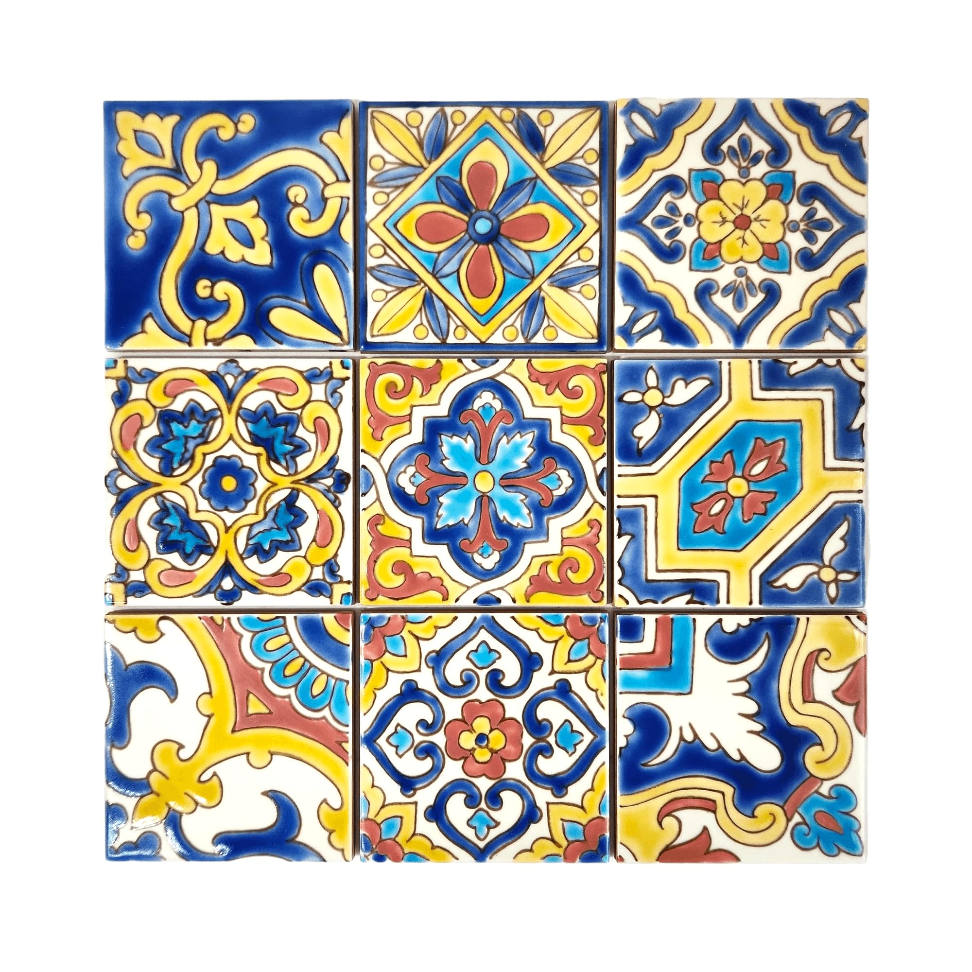 DYARI Set of 9 Decorative Hand-Painted Ceramic Tiles (Yellow & Red)