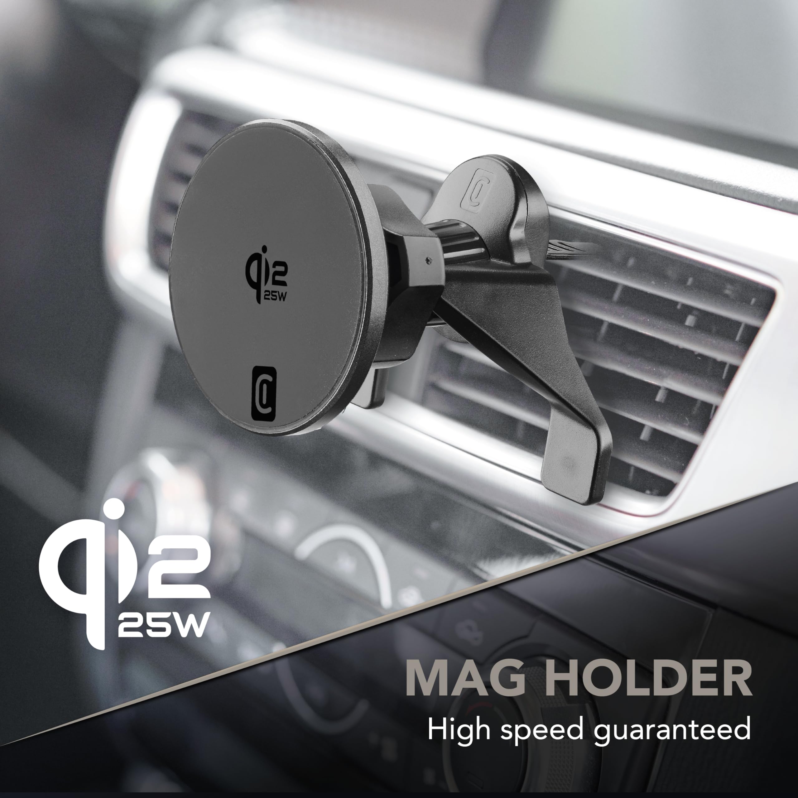 Cellularline mag Holder Soporte para Coche con Carga Inalámbrica 25W – con Nueva Tecnología Qi2.2 – Fijación Magnética Potente, Negro
