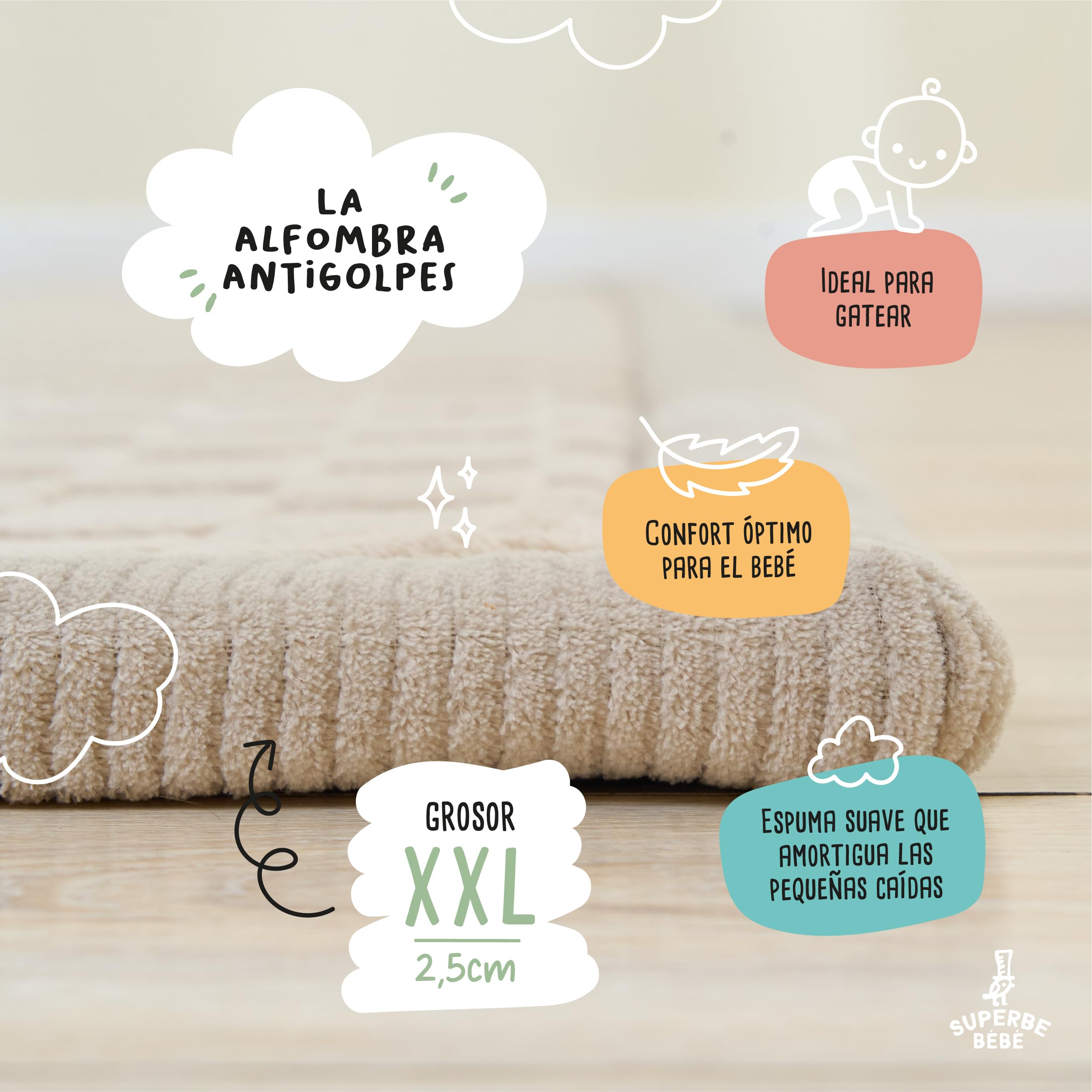 SUPERBE BEBE – Alfombra de Juego y Gateo para Bebé 150 × 200 × 2,5 cm – Gruesa y Antigolpes – Espuma Memory No Tóxica con Certificación Oeko-Tex – Alfombra para Habitación de Niños – Diseño Elegante