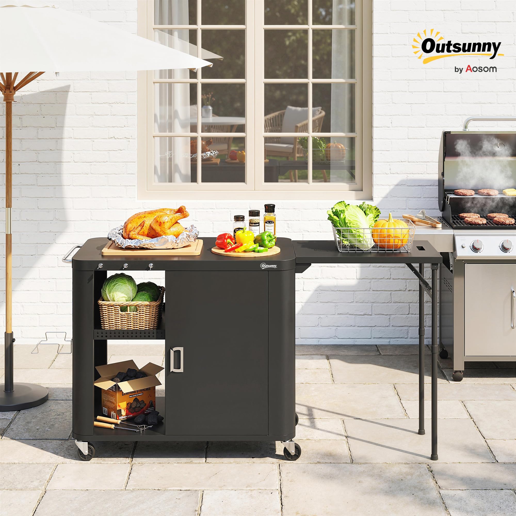 Outsunny Desserte jardin chariot de barbecue sur roulettes îlot de cuisine avec table latérale pliable placard étagères ouvertes porte-papier support sacs poubelle trois crochets 166 x 54 x 88 cm noir