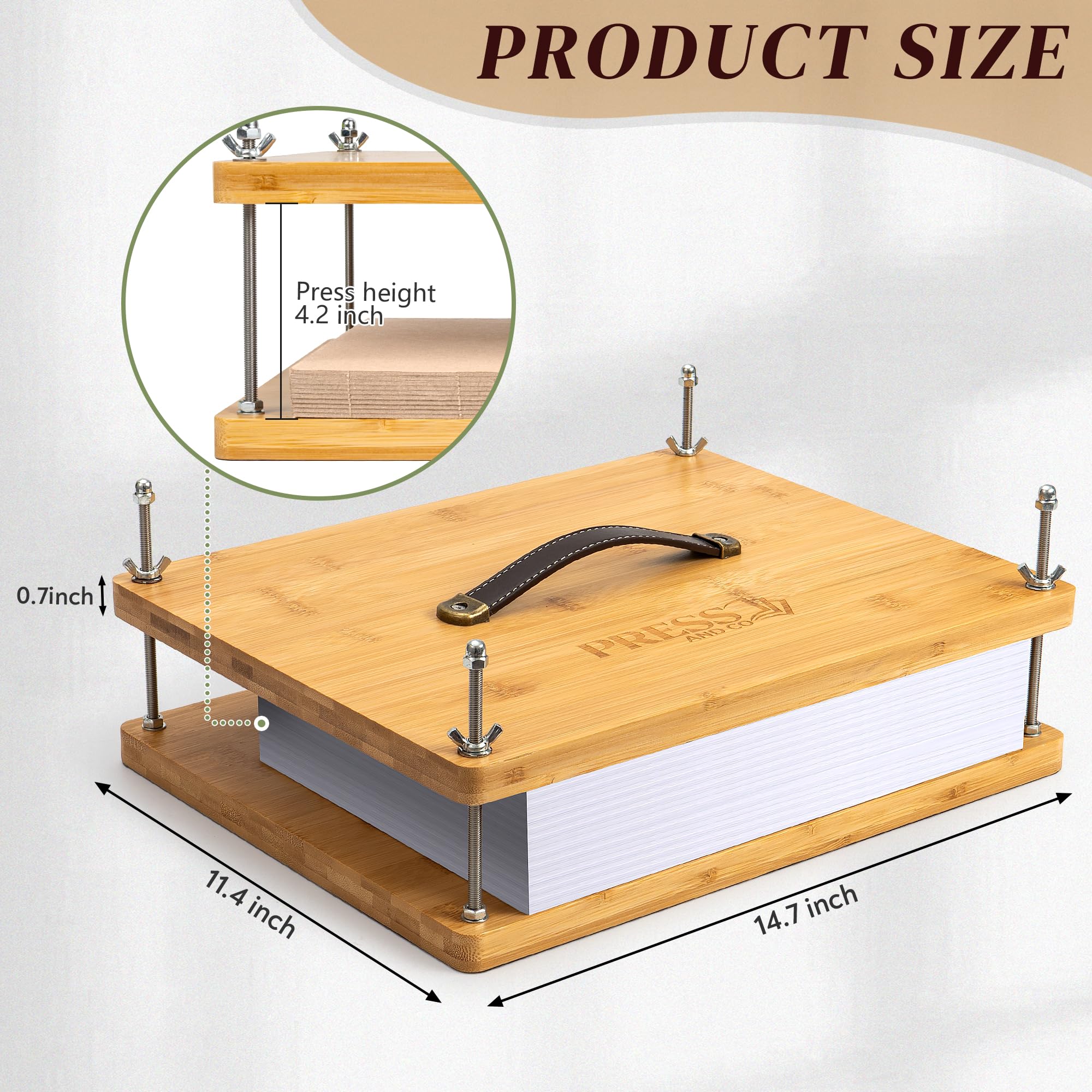 Pressandco Prasa do książek – drewniana prasa introligatorska 37 cm x 29,5 cm ze skórzanym uchwytem do bindowania książek, napraw, rebindowania i rzemiosła papierniczego - zawiera narzędzia: 10 tablic