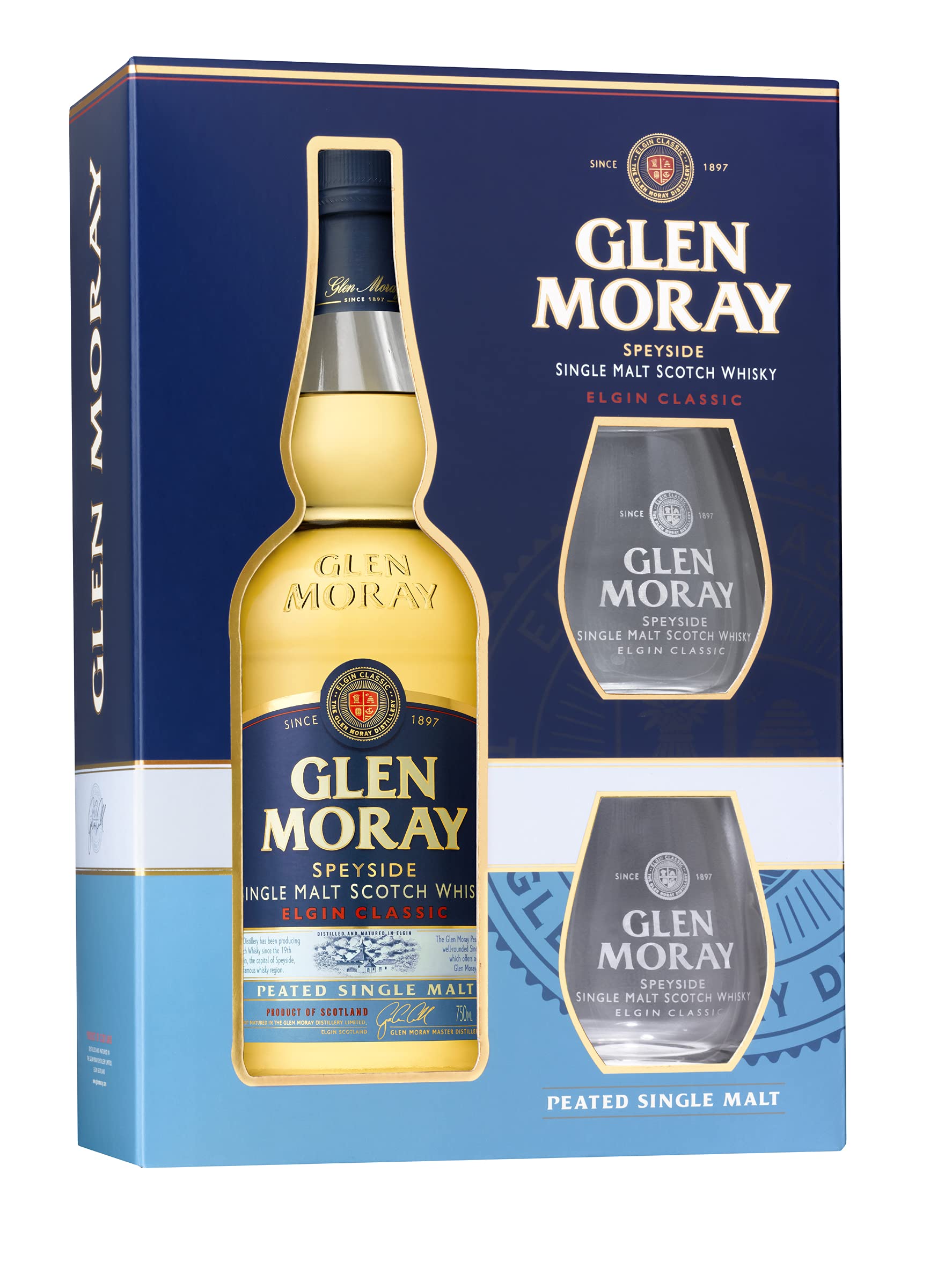 Glen Moray Peated Single Malt Scotch Whisky Gift Set, 70cl 40% ABV Bottle with 2 Whisky Glasses, Matured in ex-Bourbon Casks. Distilled and matured in the Speyside Region Elgin, Scotland
