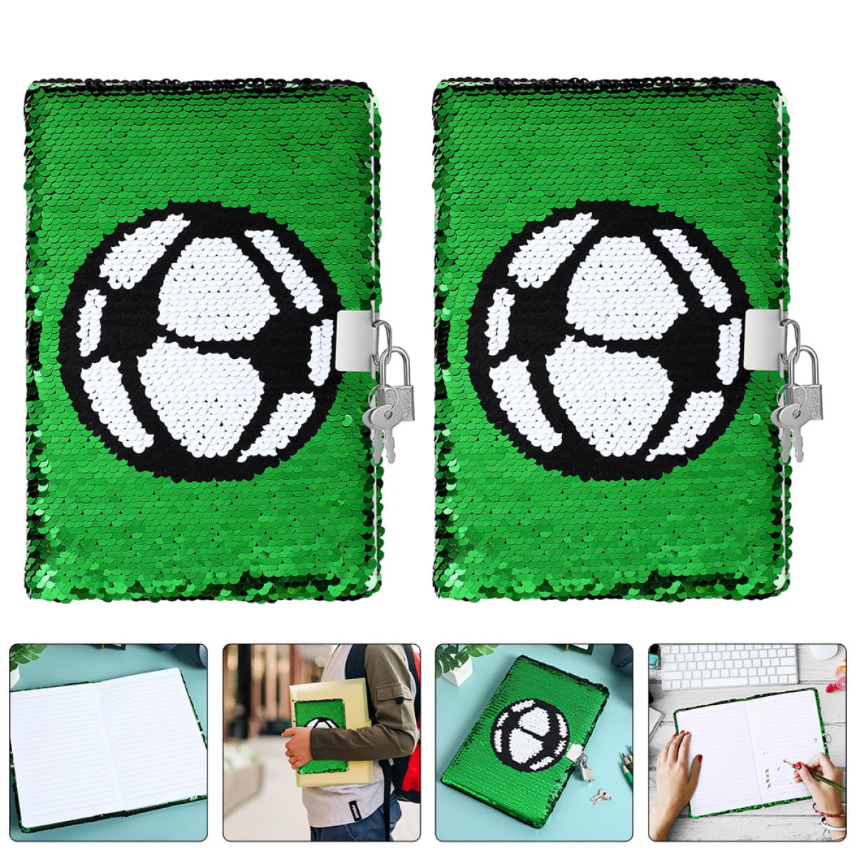 VICASKY Diario Calcio con Lucchetto e Decorazioni Scuola, Quaderno Calcio Ragazzo Ragazza in Carta Verde con Effetto Scintillante, Set 2 Pezzi Portatile per Scuola
