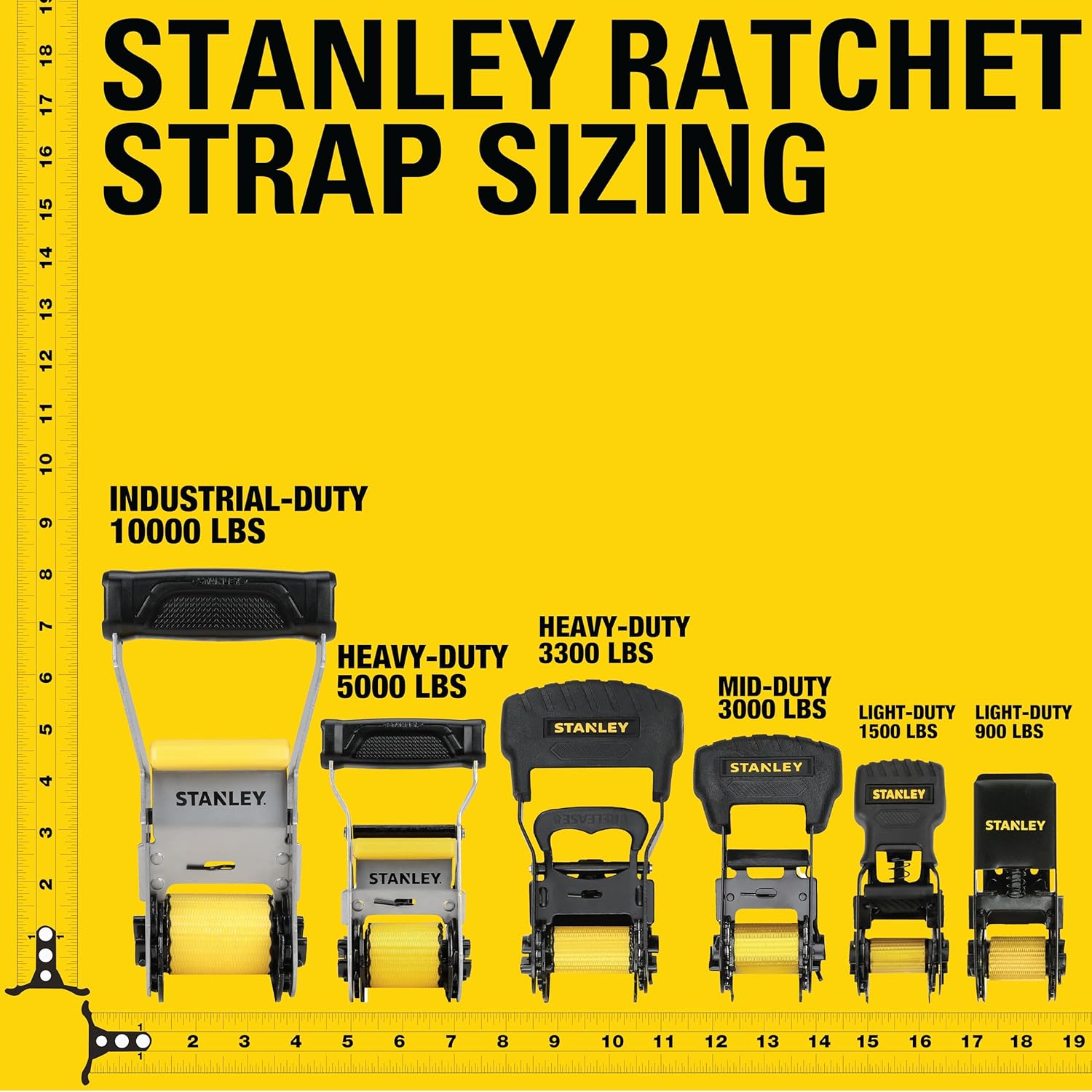 STANLEY S9500 Black/Yellow 1" x 10' Ratchet Straps - Light Cargo (300 lb Working Load / 900 lb Break Strength), 4 Pack - Image 3
