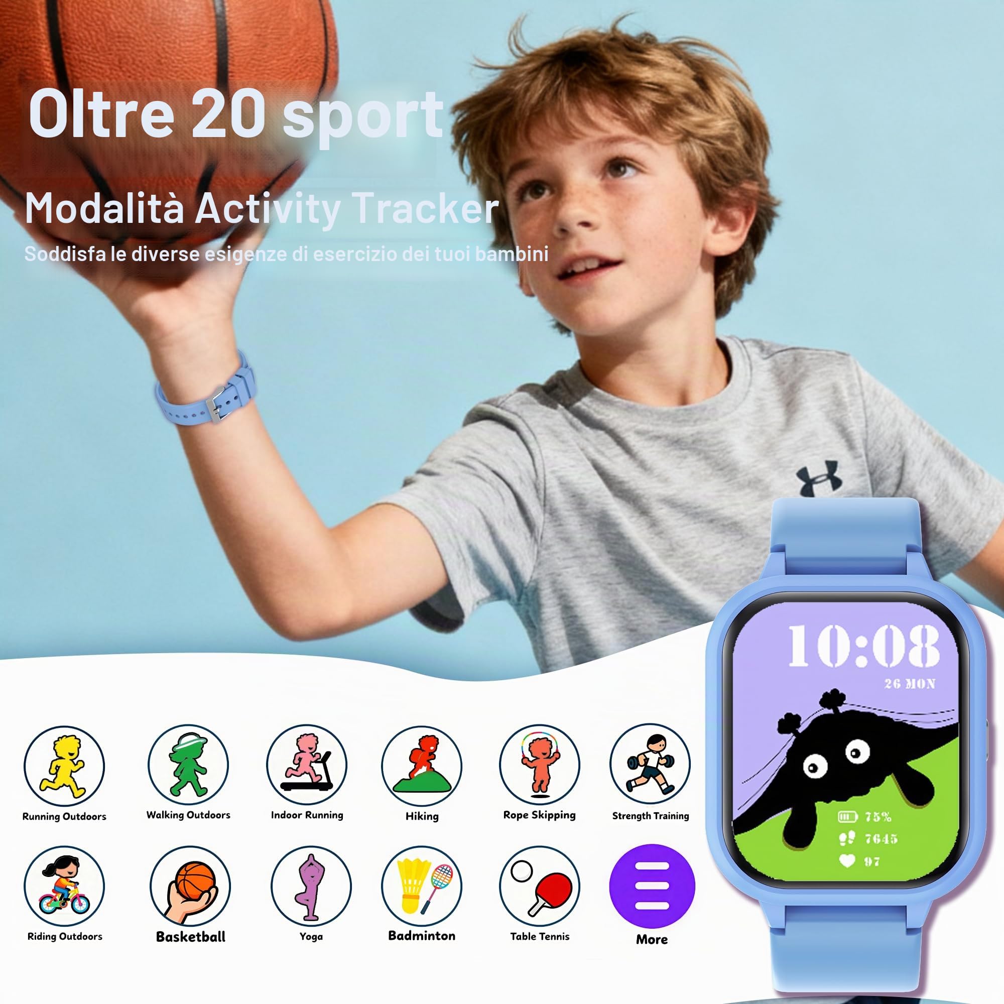 Smart Watch per bambini per ragazzi e ragazze, orologio per ragazze IP68 con oltre 20 modalità sportive, tracker fitness per bambini da 1,8 pollici con cardiofrequenzimetro del sonno, 14 giochi, passo