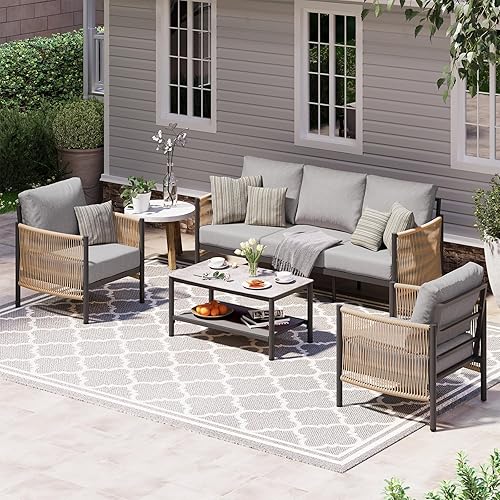 Aluminum Outdoor Patio Furniture Set, HDPE Rope 4 Piece Modern Sectional Conversation Sets with Dual-Layer Coffee Table, All Weather Patio Couch Sets with Thick Cushions, Gray Frame, Gray