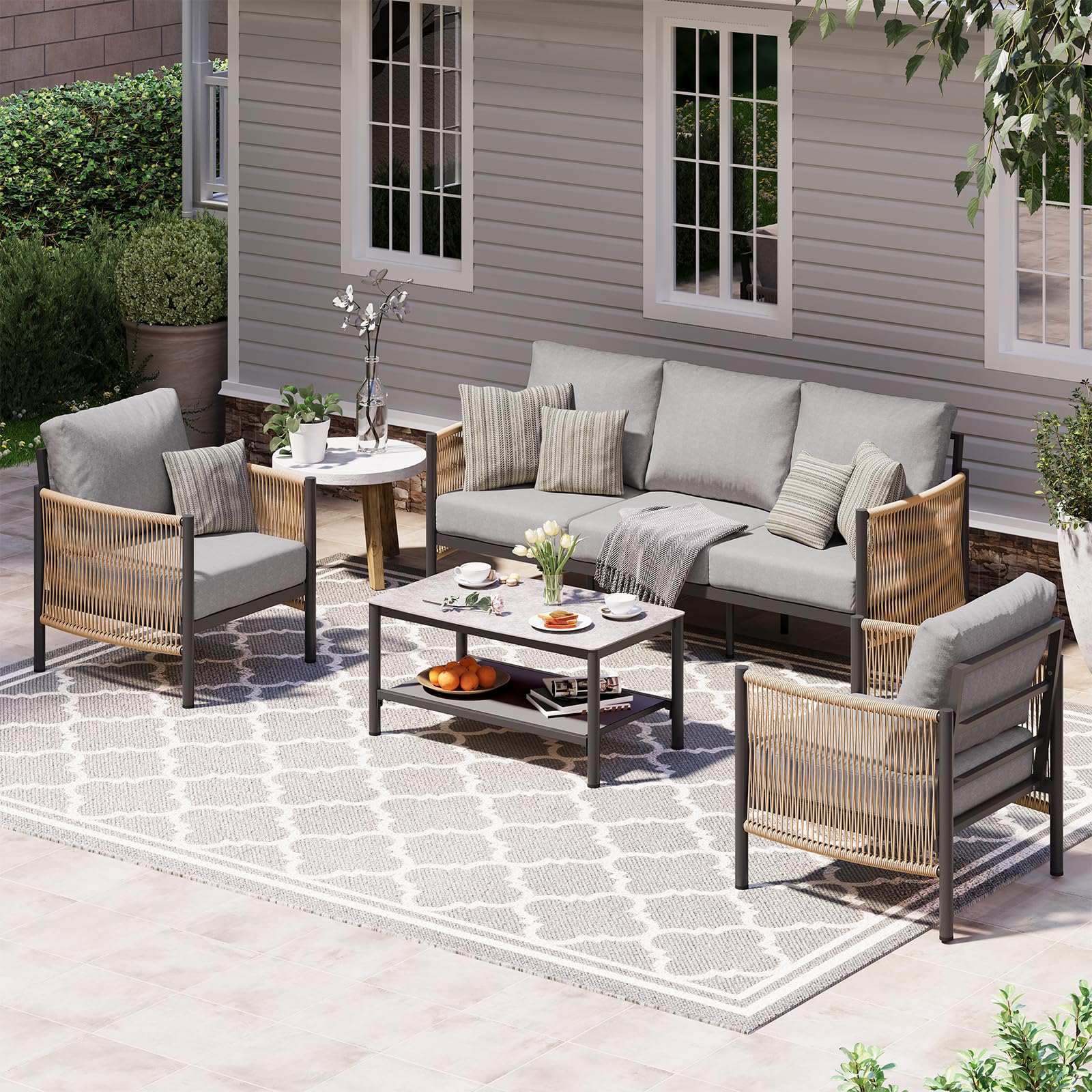 Aluminum Outdoor Patio Furniture Set with Dual-Layer Coffee Table