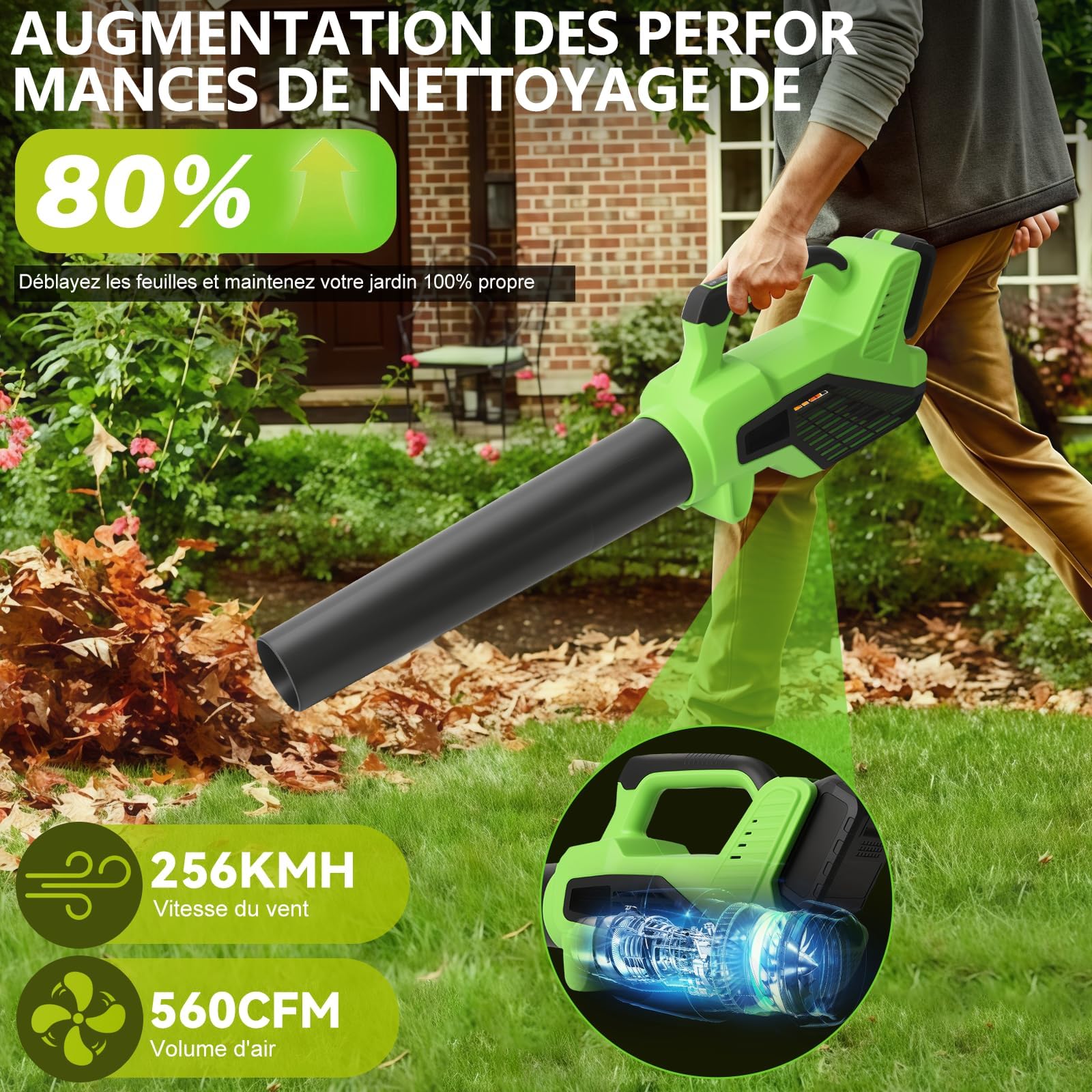 Souffleur de Feuilles sans Fil 21V avec 2 Batteries de 3,0 Ah et Chargeur, 6 Vitesse Max 257 km/h, Moteur sans Balais, Souffleur Batterie Léger pour Cour, Entrées, Pelouse, Jardin