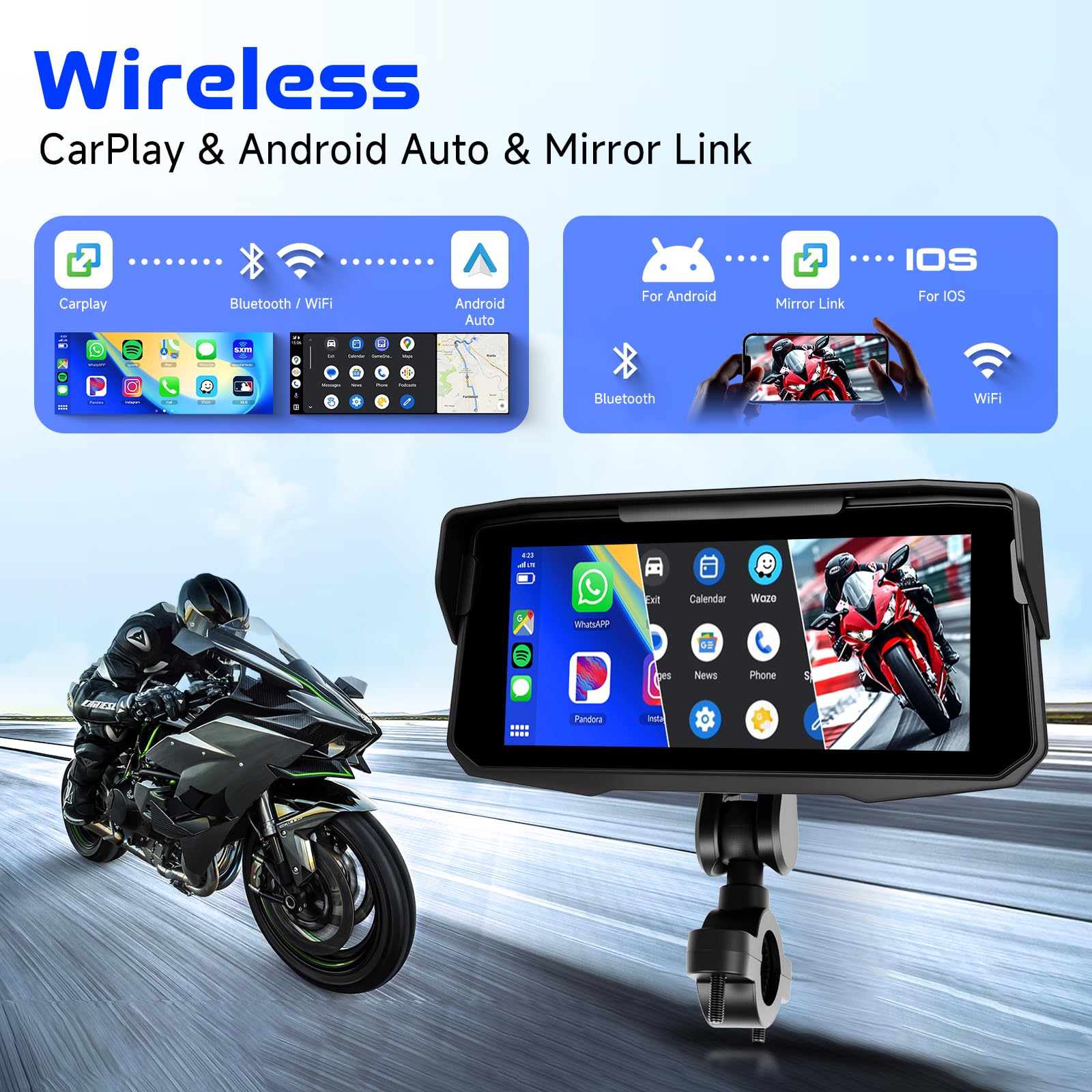 Hodozzy Schermo Carplay per moto con Bluetooth, Wireless Android Auto Touchscreen da 6,86 pollici Carplay Stereo per Moto, Supporto Impermeabile Dual BT TF EQ, Controllo Vocale, Navigazione GPS