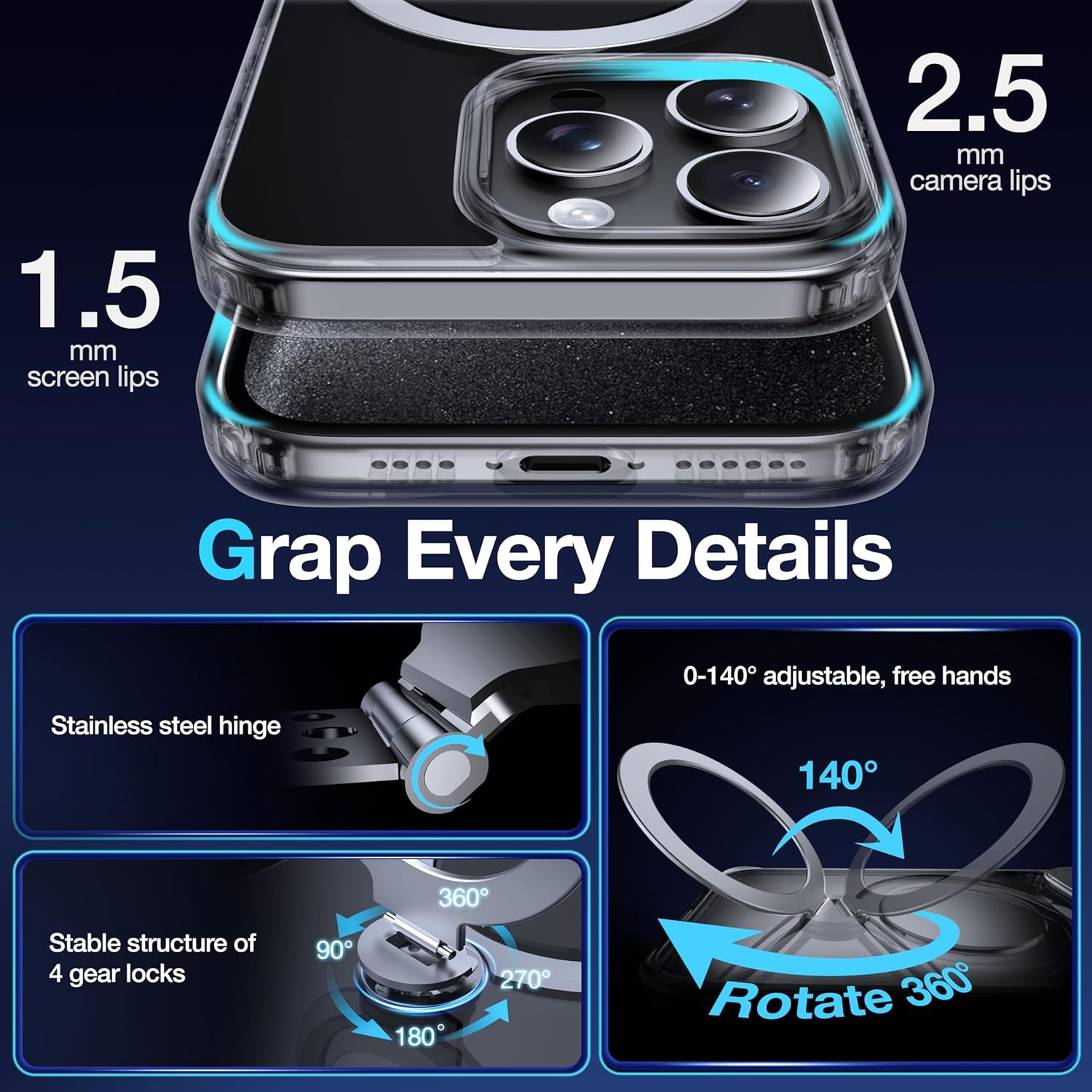 360°Rotatable Magnetic Ring for iPhone 15 Pro Case with MagSafe[Non-Slip Texture Edge][Built-in Kickstand][Military Shockproof][Anti-Yellowing] Transparent Soft Silicone Bumper Slim,Clear - Image 5