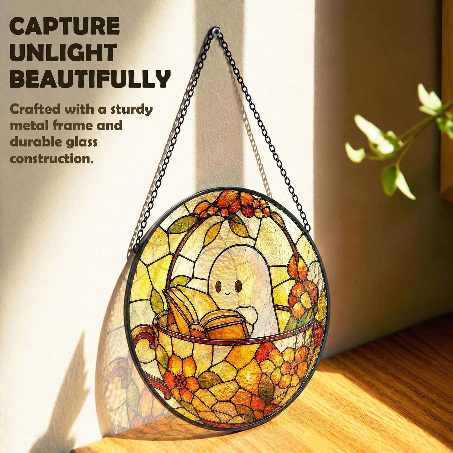 Book Lover Ghost Halloween Stained Glass Window Suncatcher 7.9x7.9