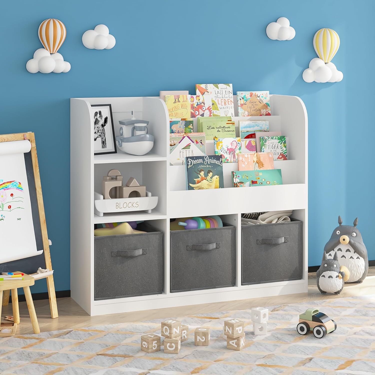 Kids Bookshelf with 3 Fabric Drawers, 4-Tier Toddler Bookcase with Display Shelves, Multi-Functional Wooden Book Organizer Toy Storage for Bedroom, Playroom, Nursery (White/Gray)