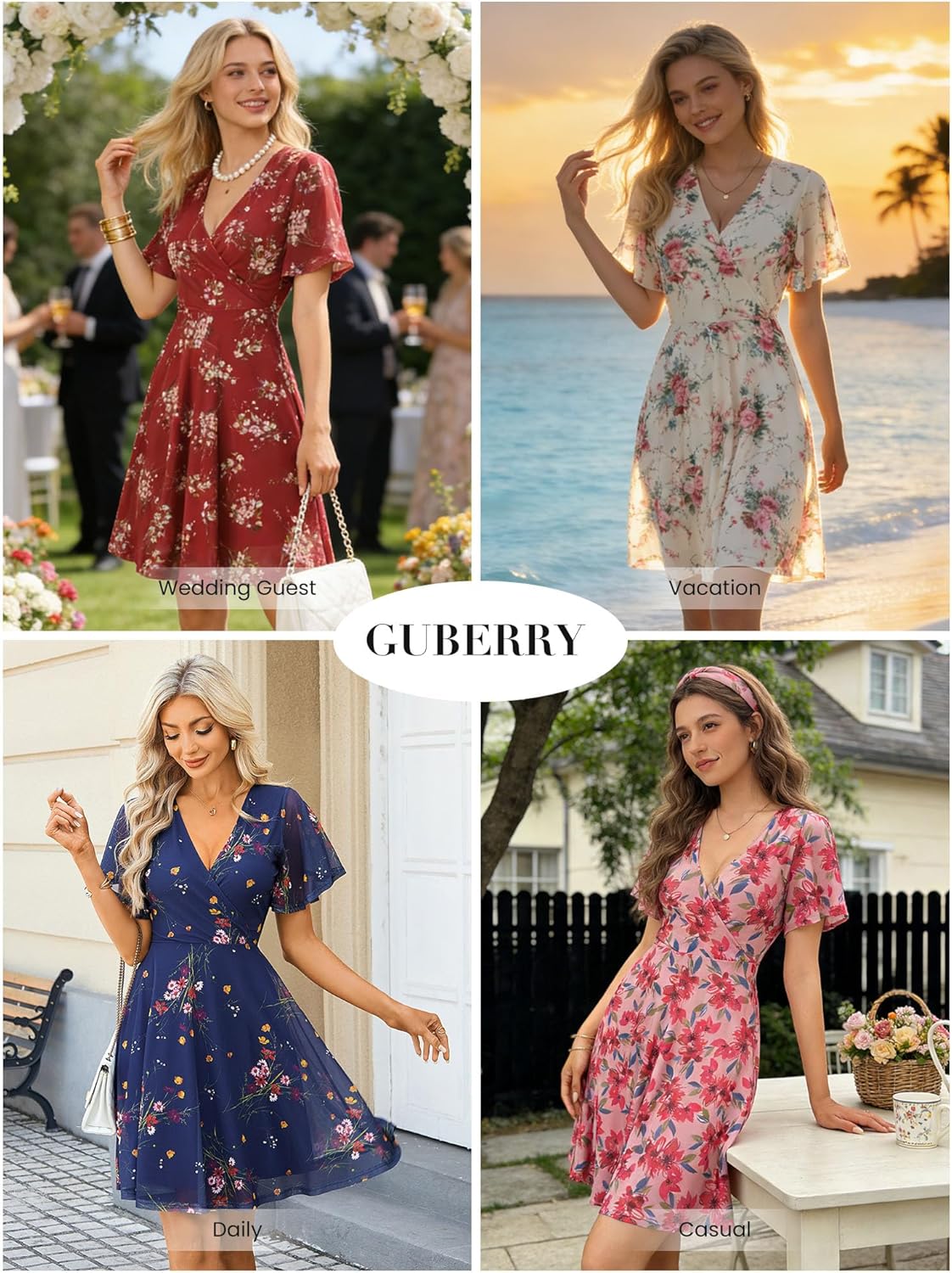 GUBERRY Womens Spring Summer Casual Floral Wrap V Neck Stretchy Mesh Dress Modest Wedding Guest Dress