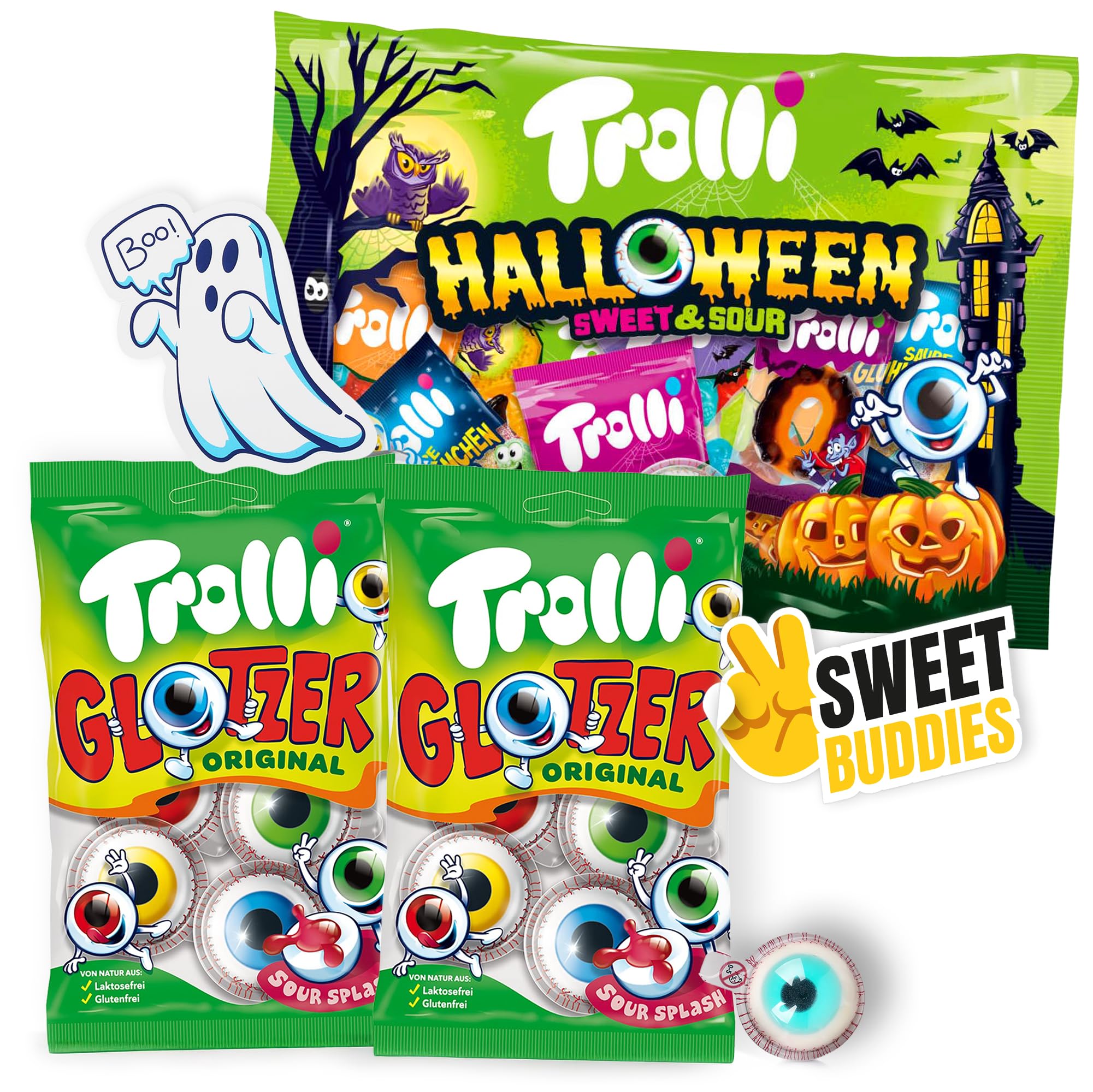 Trolli Glotzer & Halloween Sweet & Sour Bundle – 2x Glotzer Augen + 1x Halloween Mix + Geister Sticker + Sweet Buddies Aufkleber – Süß & Sauer Fruchtgummi Set für Party & Geschenke