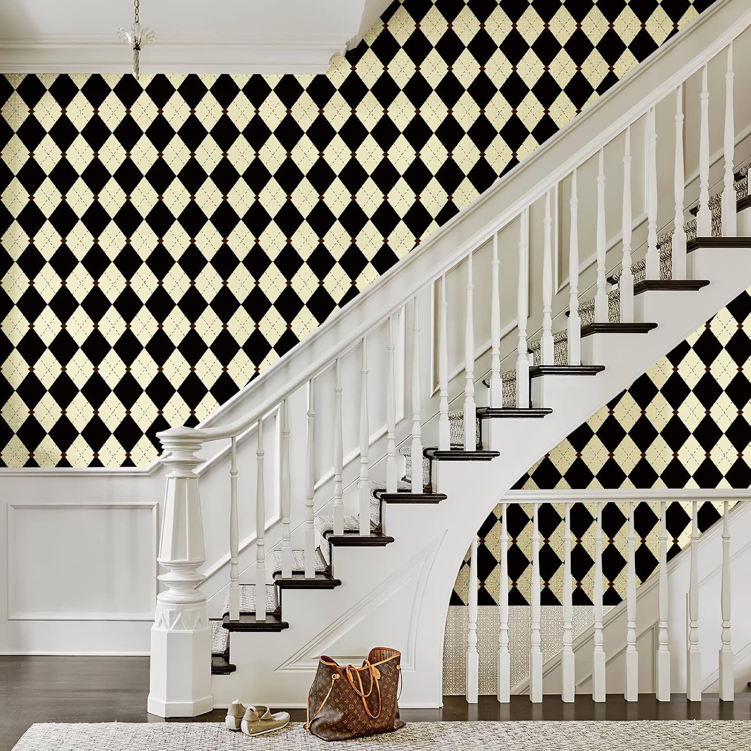 Simon&Siff Retro Checkered Peel and Stick Wallpaper Black and White Wallpaper 17.3"x480" Vintage Plaid British Geometric Wall Paper for Bathroom Kitchen Cabinet Contact Paper