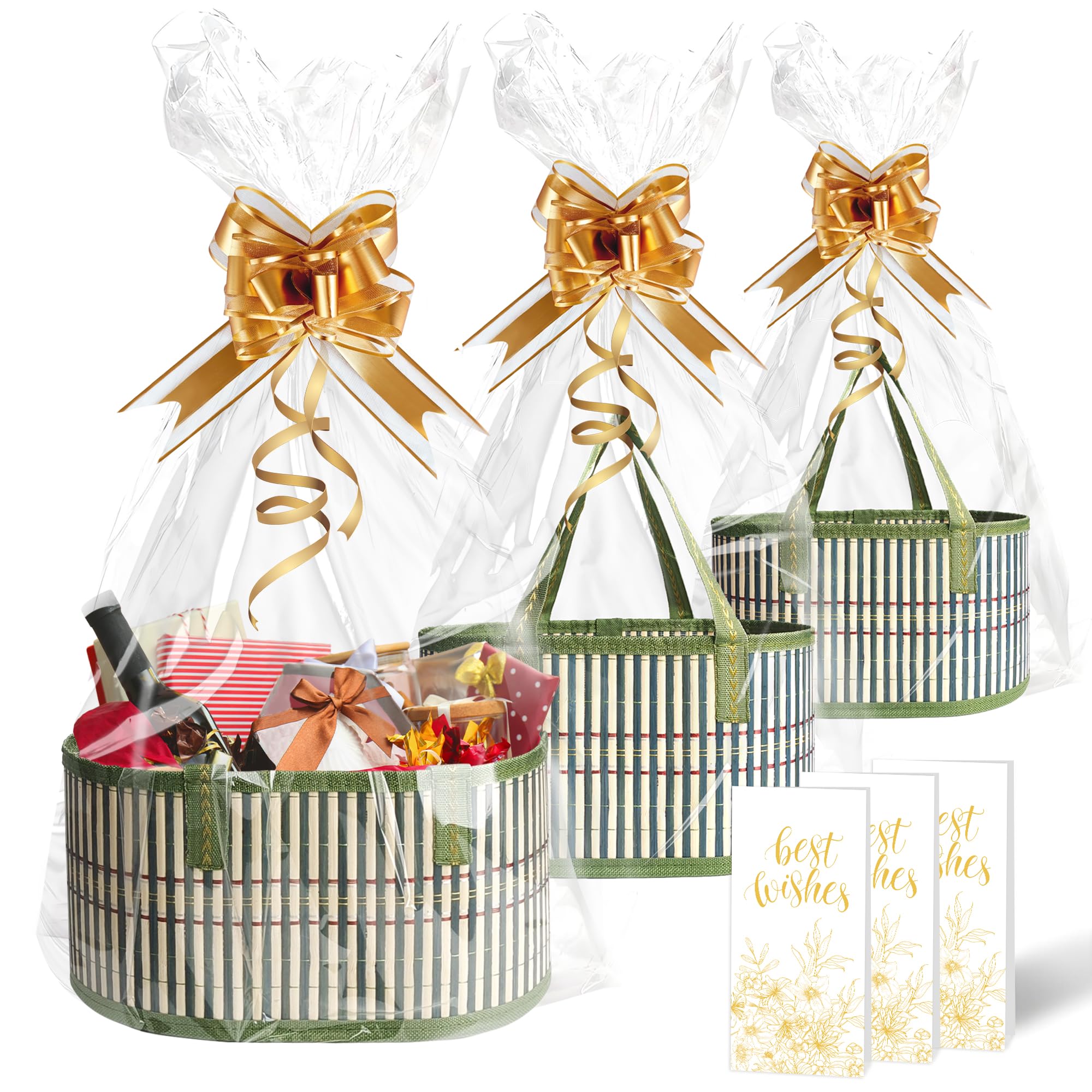 Set di 3 cesti per regali vuoti, cesti regalo vuoti, cesti regalo in bambù intrecciato, robusti cesti regalo da donna per feste di compleanno, 3 sacchetti in cellophane, 3 biglietti regalo, cesto