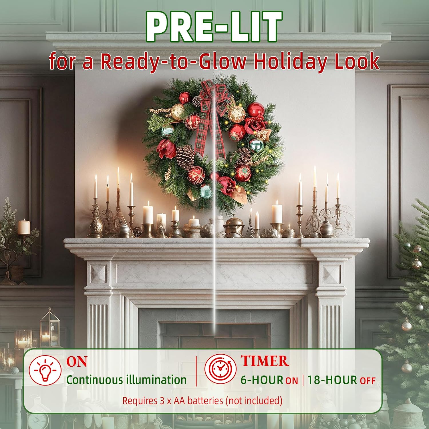 24 Inch Lighted Magnolia Christmas Wreath with 30 Warm White LEDs and Timer, Battery Operated Pre-Lit Artificial Wreath with Magnolia Flowers, Pinecones, Bow and Ornaments for Front Door