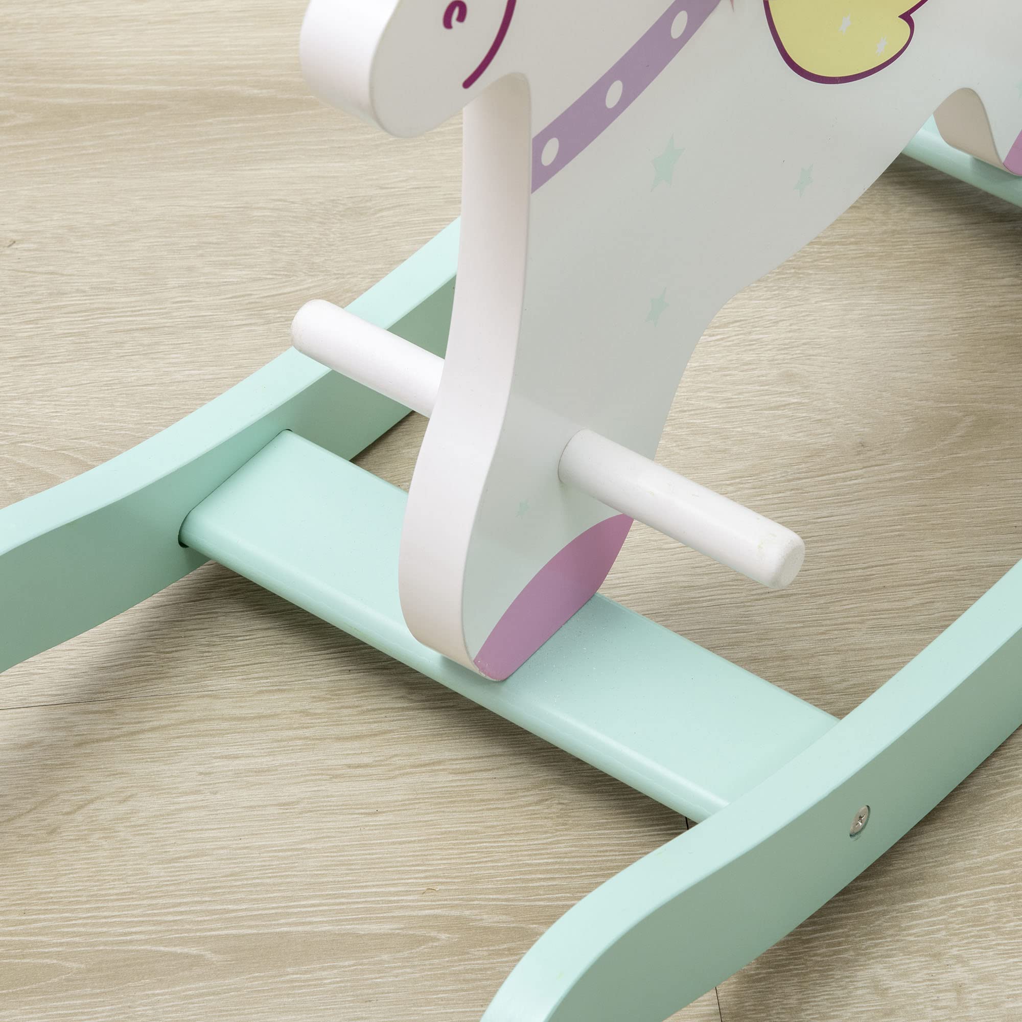HOMCOM Cavallo a Dondolo per Bambini 1-3 Anni Cavalcabile, Cavalluccio a Dondolo con Maniglie, Schienale e Pedali in MDF, 68x27x47.5 cm, Blu Rosa Bianco