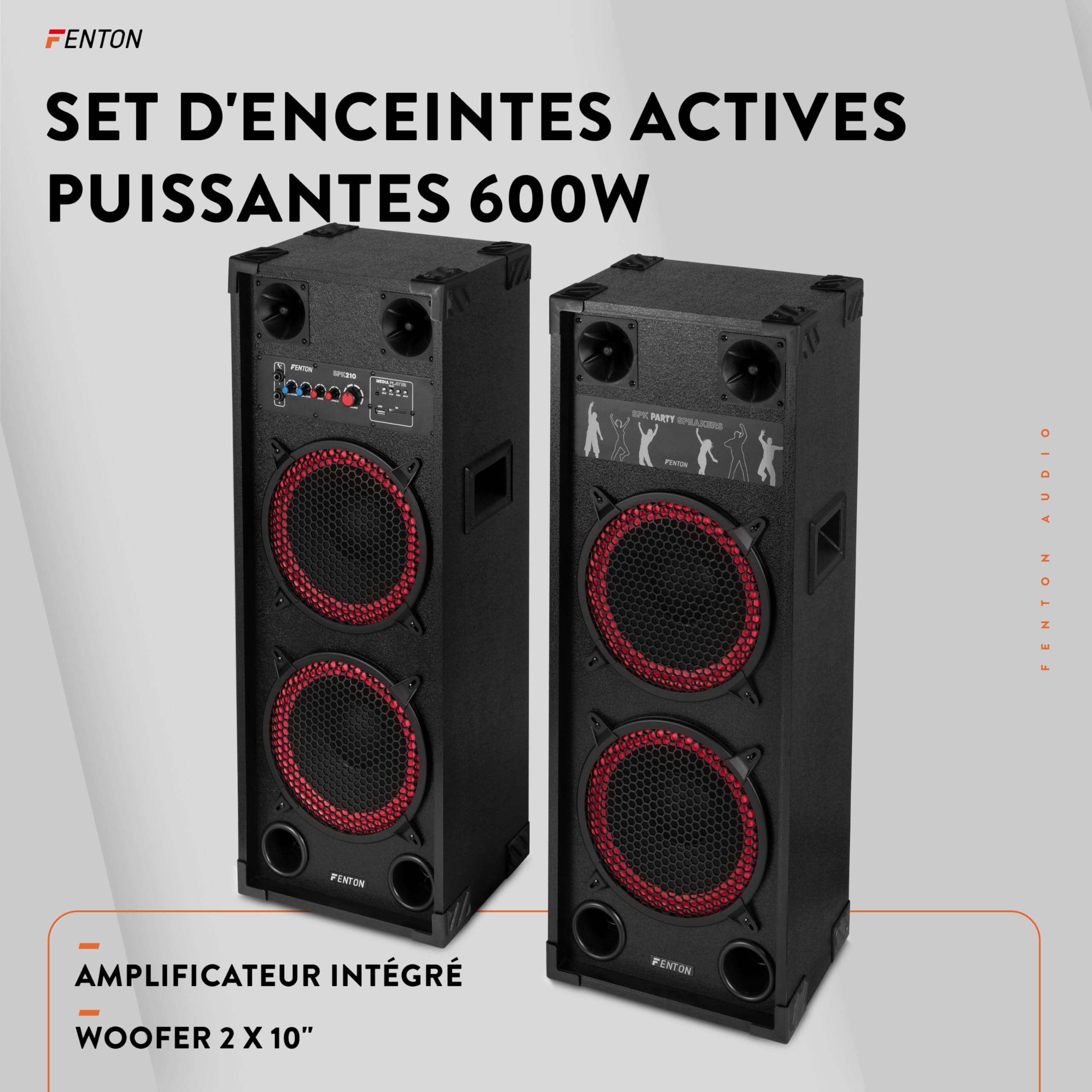 Fenton SPK-210 - Pack d’Enceintes Actives PA 1200 W (2×10″) - BT sans Fil, USB/SD, entrées micros - Système Sono idéal soirées, DJ, karaoké