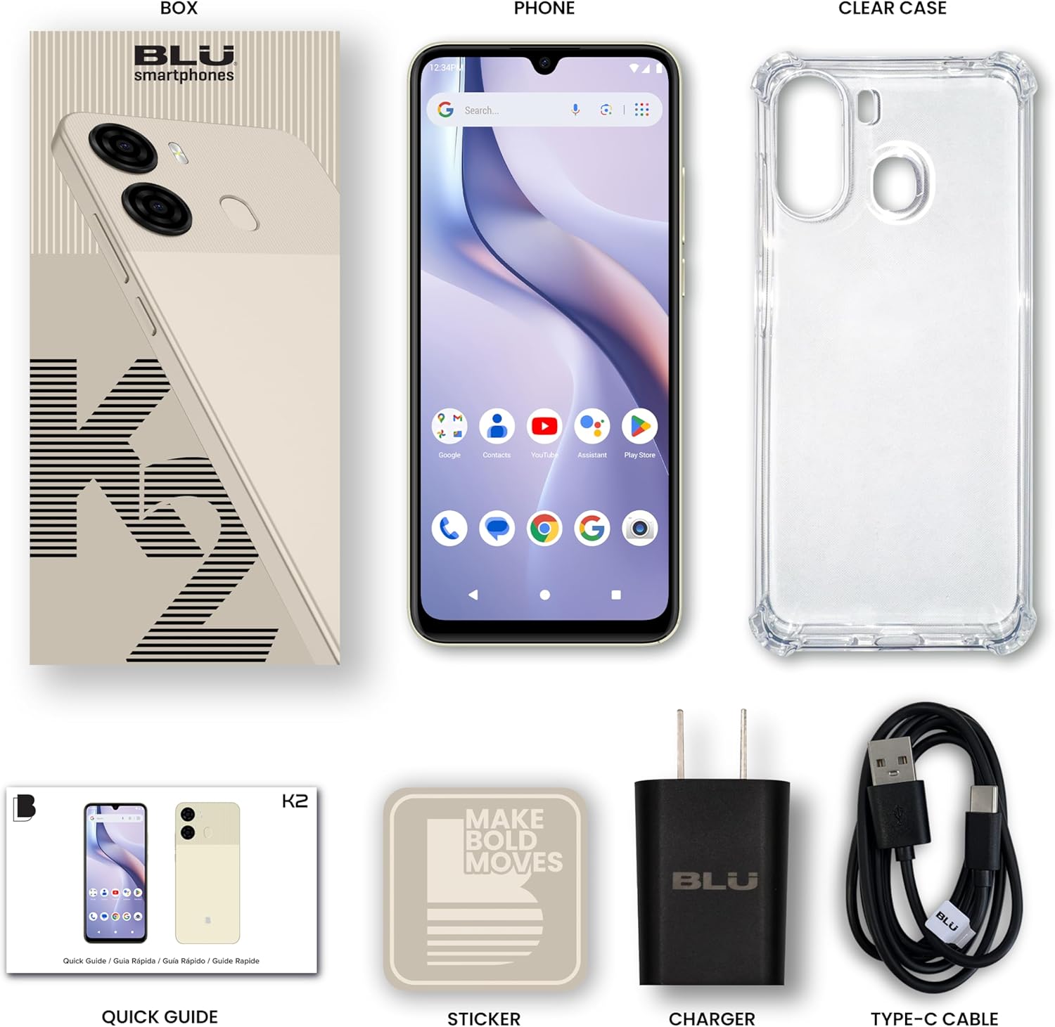 BLU K2 | Unlocked | 6.88” HD+ Display | 13MP Main Camera + 8MP Selfie Camera | 64GB | 5,000mAh Battery | Android 15 | US Version | US Warranty | Cream