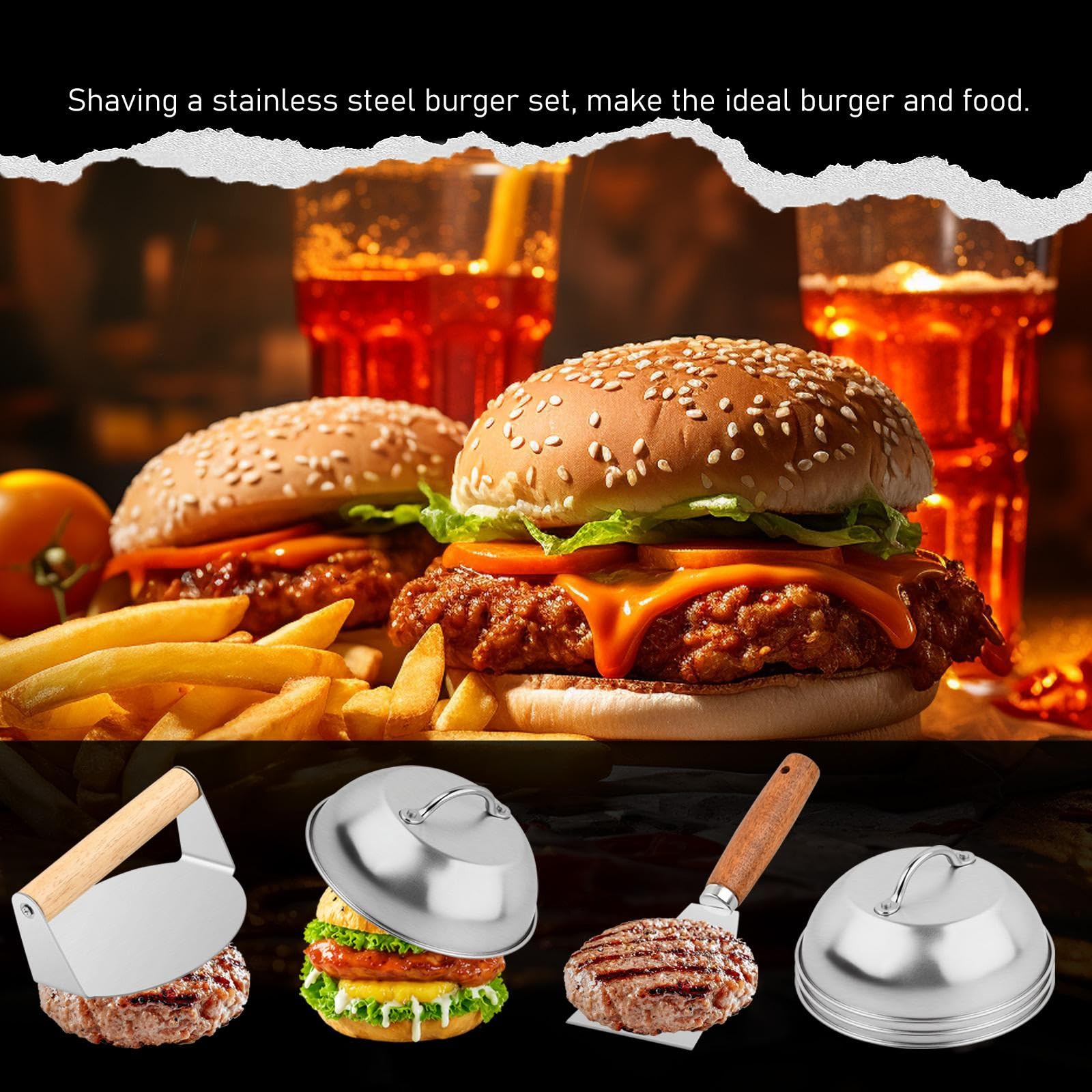 Set de 6 Pièces Smash Burger Press Kit, Acier Inoxydable, Cloche à Hamburger 15x6,5 cm, Presse à Hamburger, Spatule Plancha