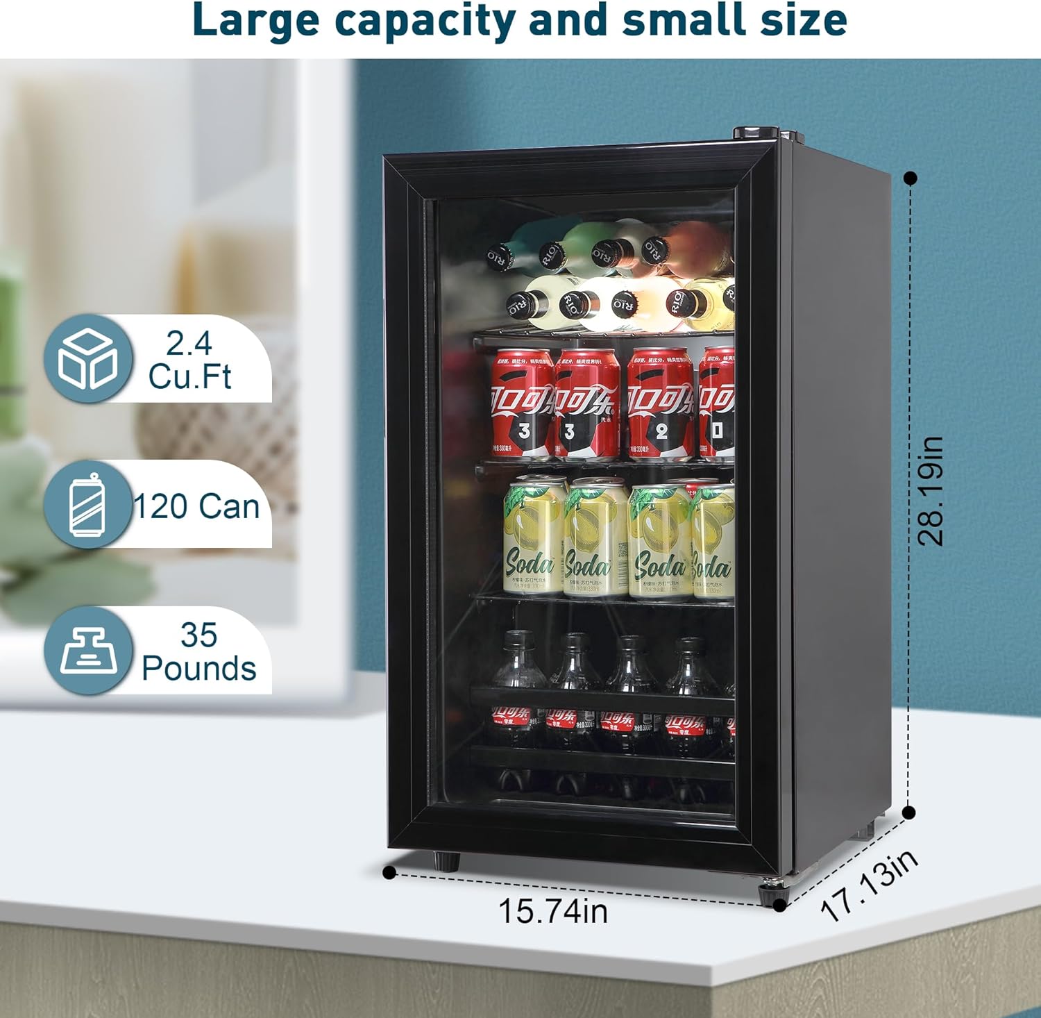 2.4 Cube Feet Mini Fridge Cooler, 120 Can Beverage Refrigerator Glass Door for Beer Soda or Wine, Adjustable Shelves, Removable for Home, Office or Bar, Black