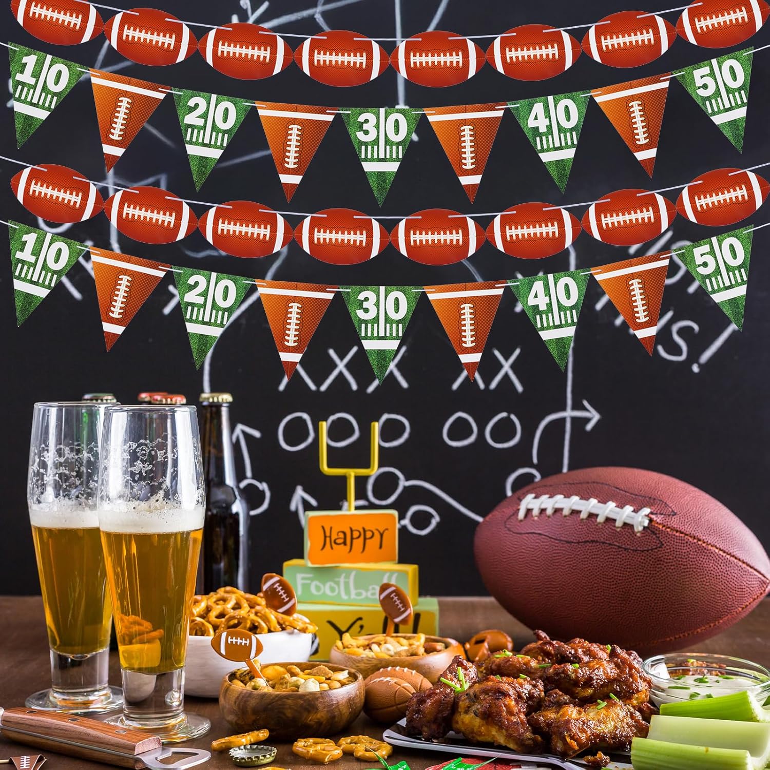4 Pieces Football Party Decorations, Football Paper Garland with Field Yard Markers and Triangle Flags for Sports Theme Birthday Game Day Decorations - Image 6