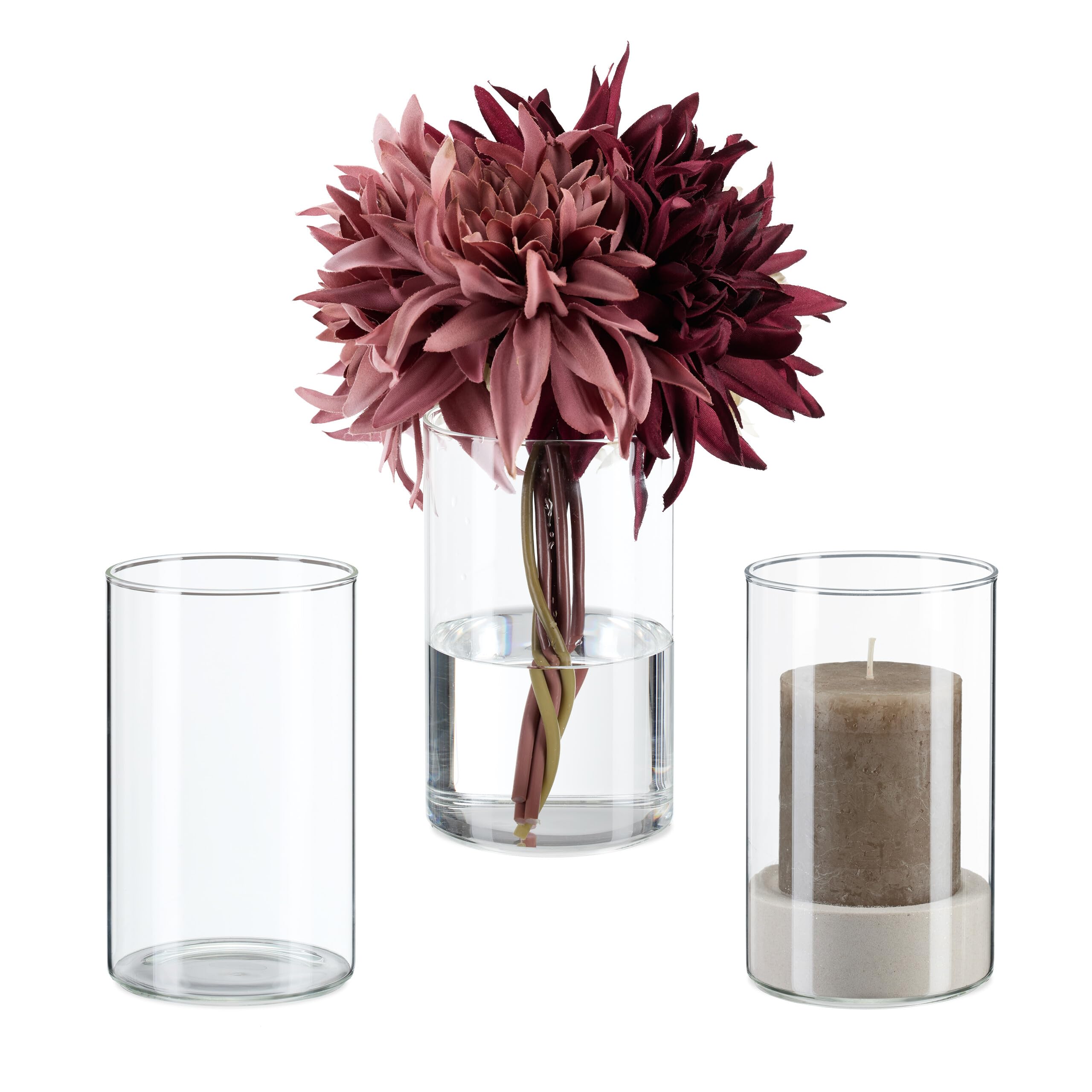Relaxdays Glass Vases, Set of 3, for Flowers & Candles, Decorative Table Centrepiece, HxD: 15 x 9.5 cm, Transparent