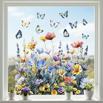 2 Sheets Flower Butterfly Window Sticker, Birds Anti Collision Window Clings, Colorful Floral Butterflies Static Glass Windows Decals for Home Bedroom Living Room Decoration B
