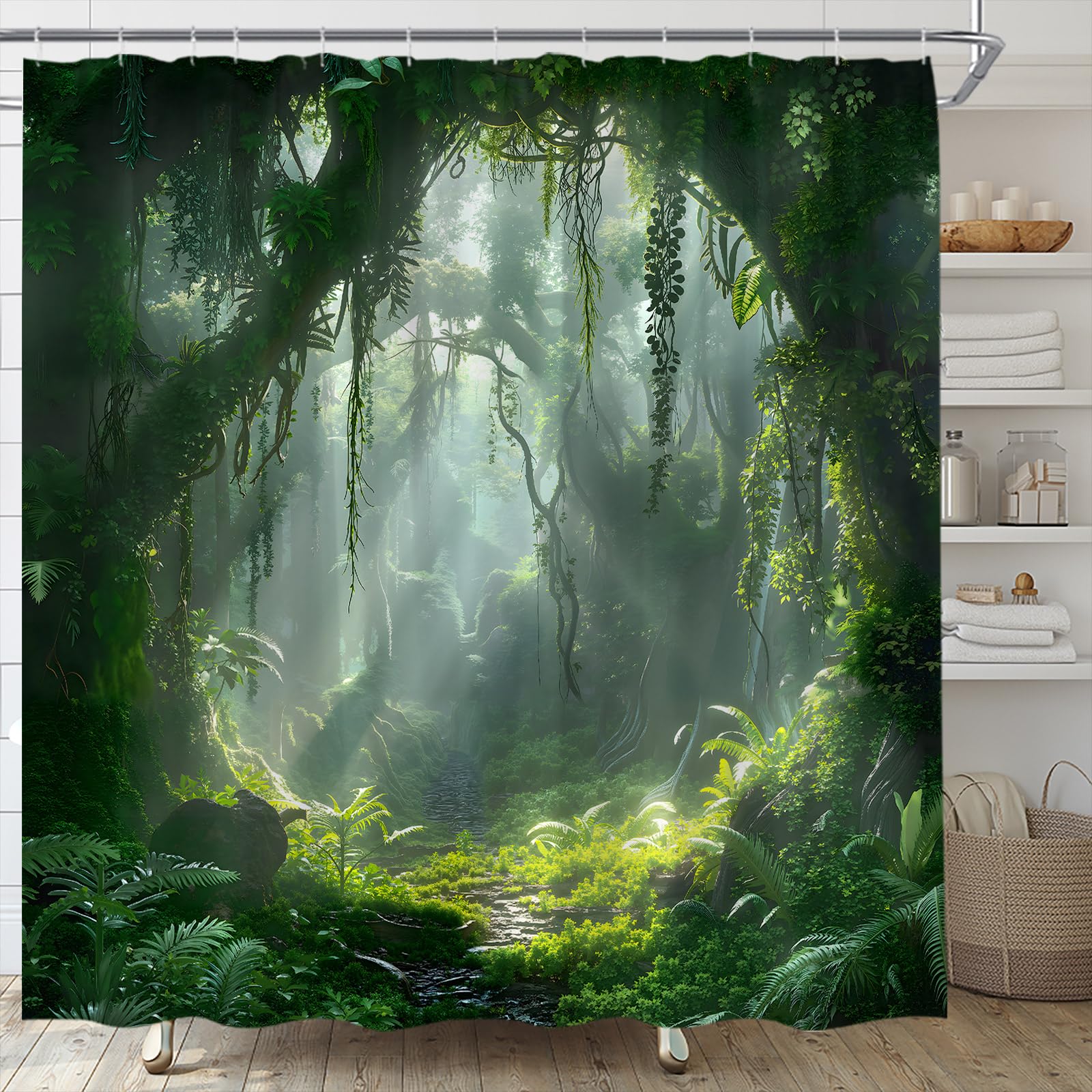ABONAN Forest Shower Curtain Jungle Spring Green Tree Nature Scenic Enchanted Forest Tropical Rainforest Fabric Bathroom Decor Set with Hooks(59" Wx70