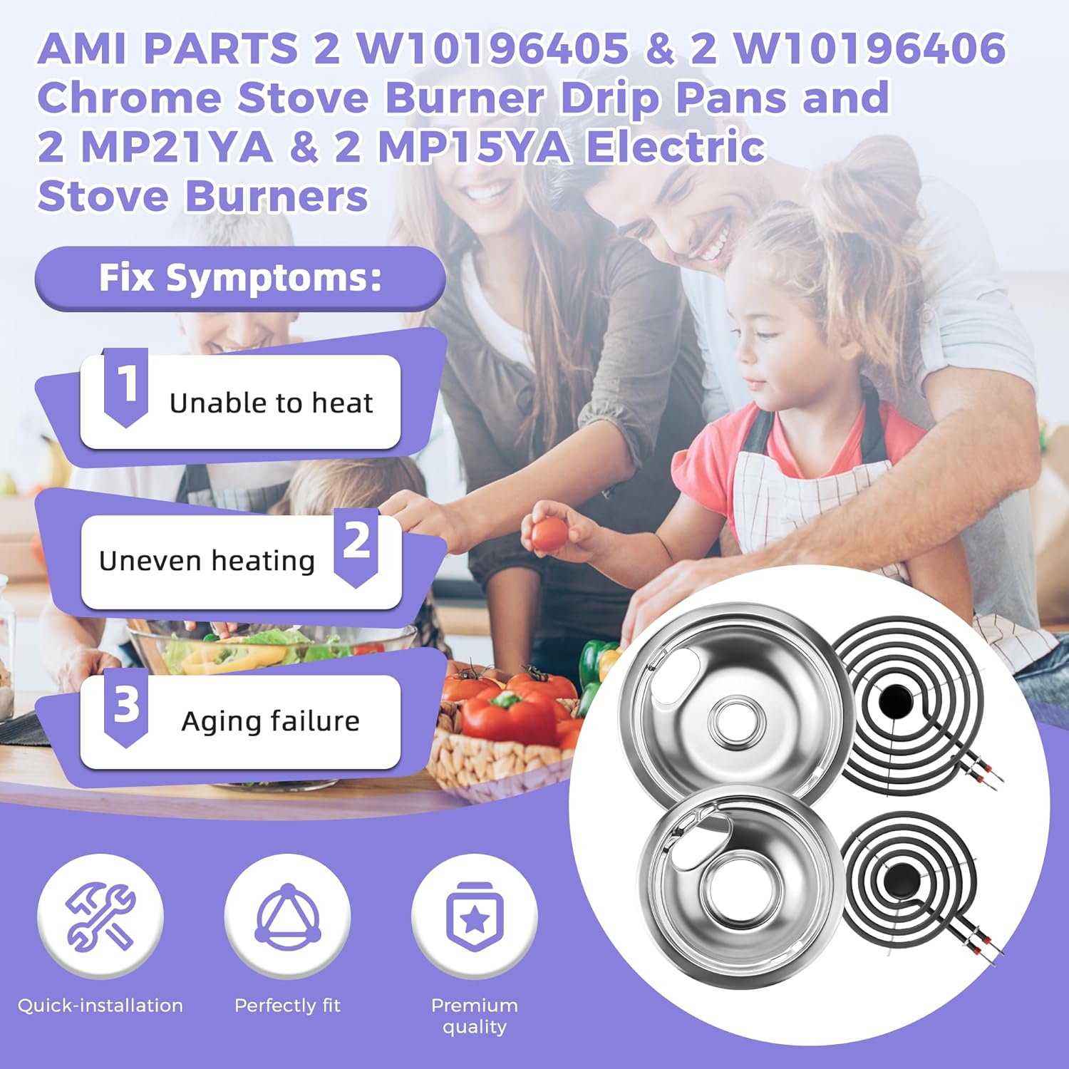 AMI PARTS 2 (8”) W10196405 & 2 (6”) W10196406 Chrome Stove Burner Drip Pans and 2 (8”) MP21YA & 2 (6”) MP15YA Electric Stove Burners Fit for Ken-more Whirl-pool May-tag Electric Range Stove Burner