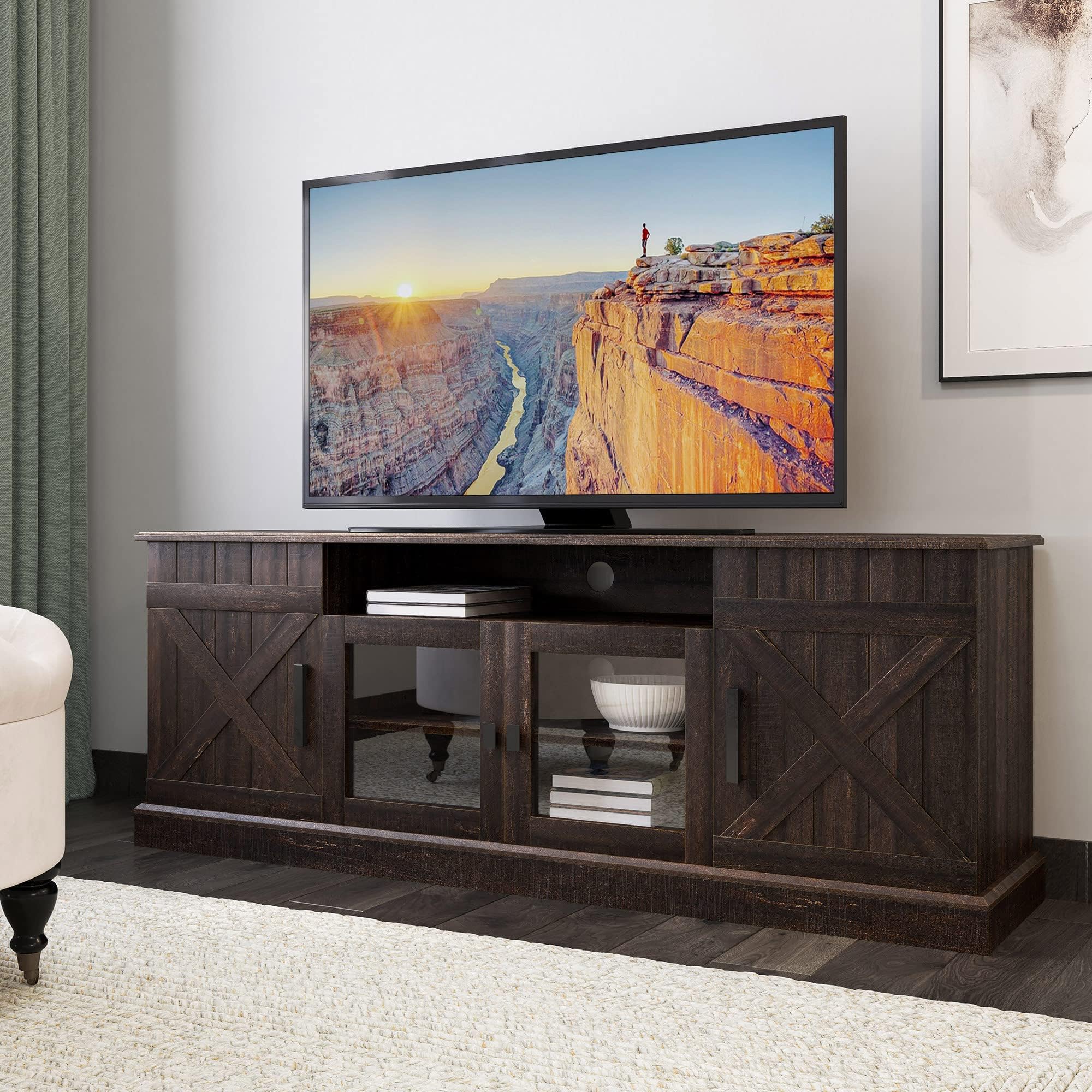 BELLEZEModern Farmhouse Industrial Style Entertainment Stand for TVs Up to 70 Inches, Versatile Media Cabinet with Shelves and Storage - Veropeso (Espresso)