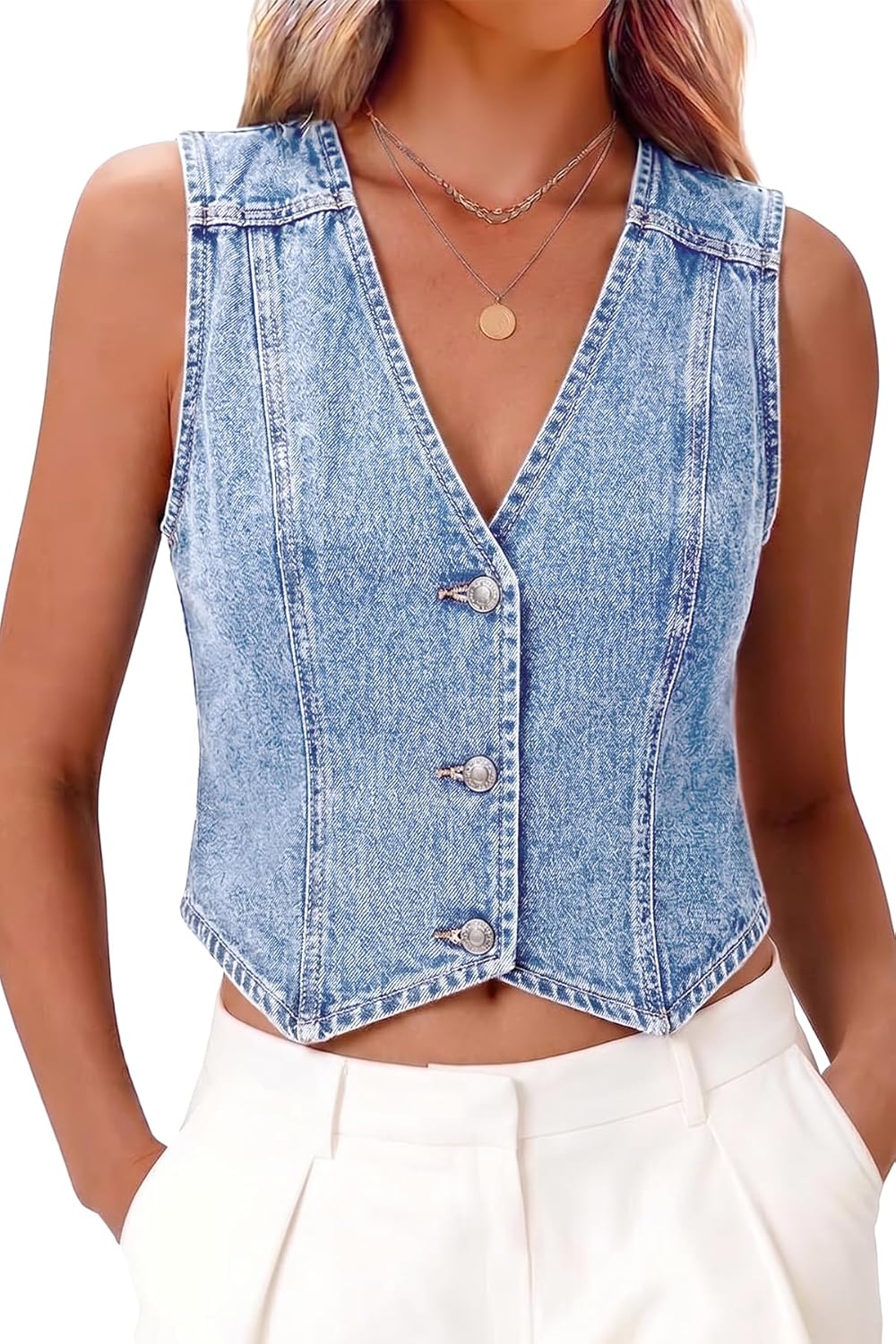 ELLEVEN Women’s Denim Vest V-Neck Crop Jean Vest Top Sleeveless Y2K Button Denim Jacket Summer Country Outfits