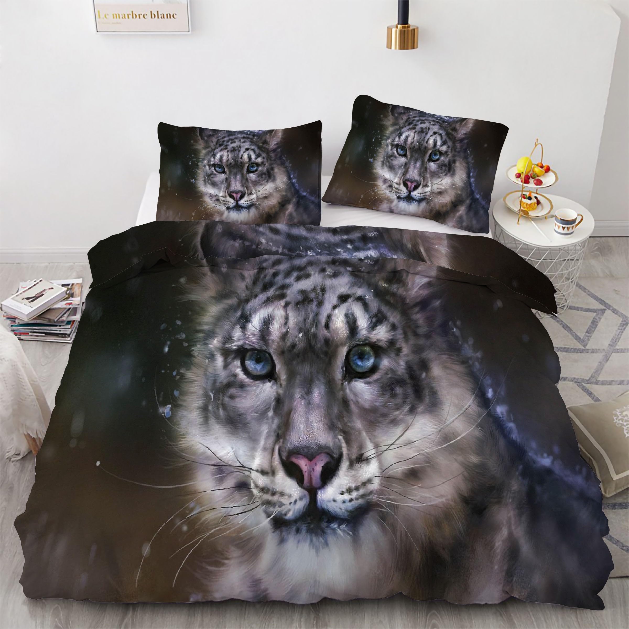 Housse de couette en microfibre douce 90x190 animal imprimé léopard des neiges 3 pièces