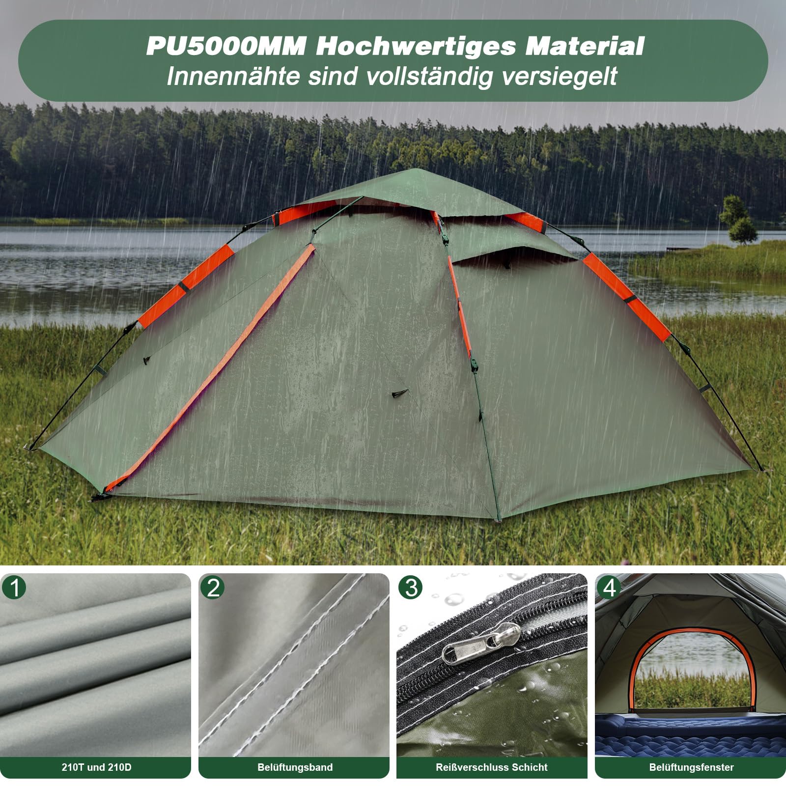 Zelt Pop Up,Camping Zelt Automatisches 2-4 Mann Personen Kuppelzelt 300x240x145 Wasserdicht Winddicht Campingzelt Quick Up Tent Wurfzelt mit Abnehmbarer Zelte für Familien