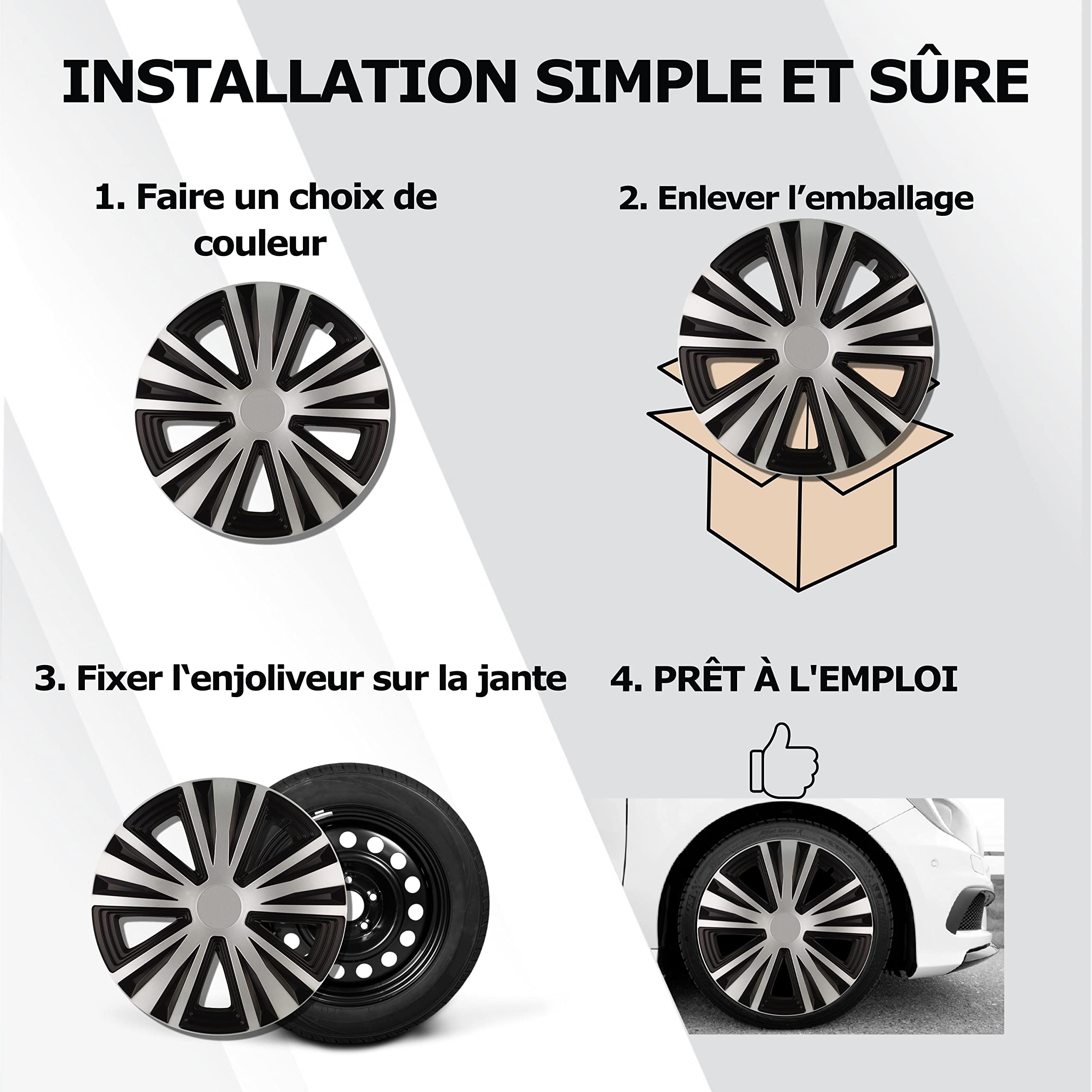 Kuglo G-Night 4 enjoliveurs 16 Pouces Argent/Noir pour Jantes Acier