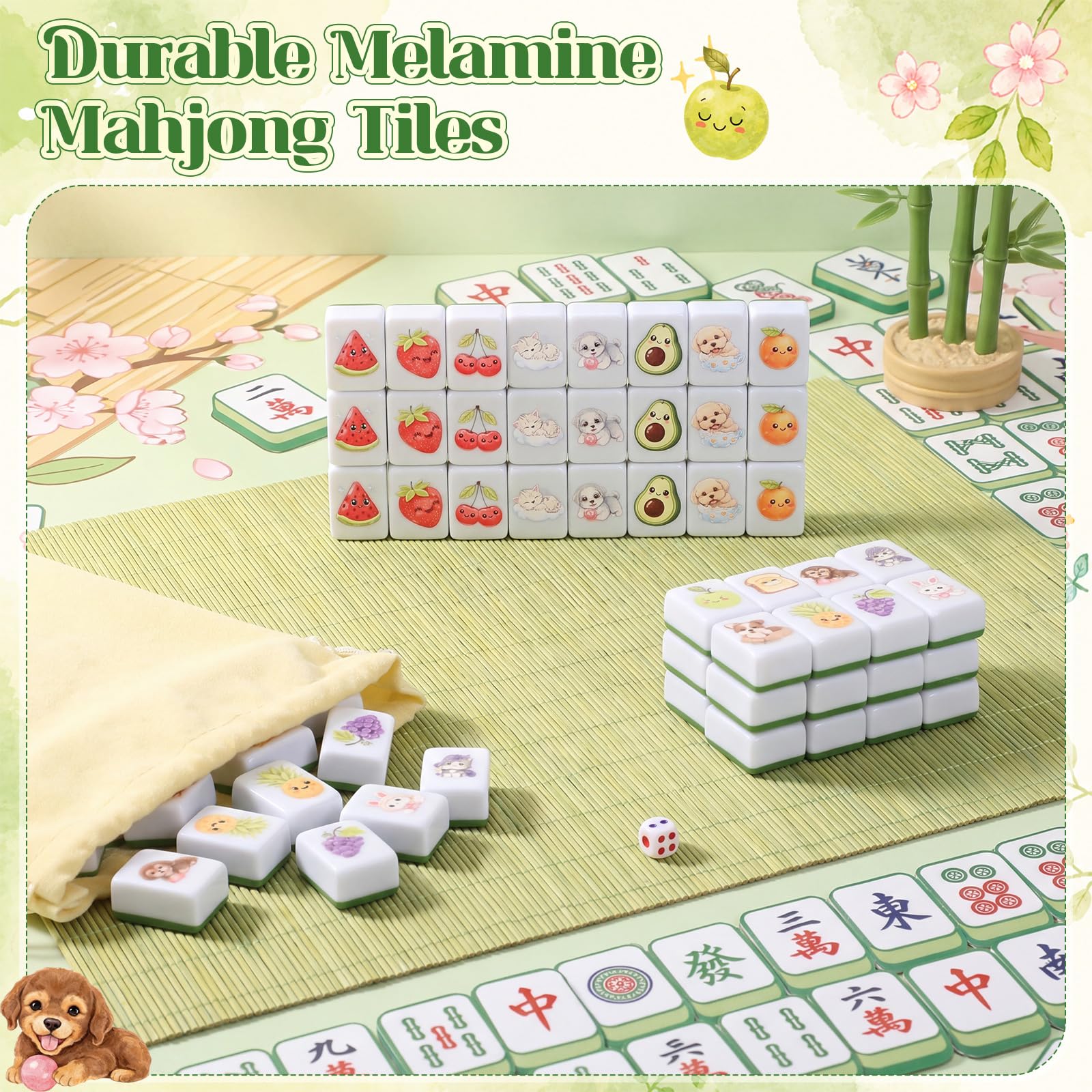 Leitee Set di 64 blocchi Mahjong per 2 giocatori, 3 cm, motivo cibo animale