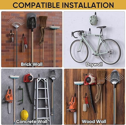 Miniatura 8 de TICONN Paquete de 12 ganchos de garaje resistentes, ganchos de almacenamiento de pared de acero, organizador de montaje en pared para escaleras,