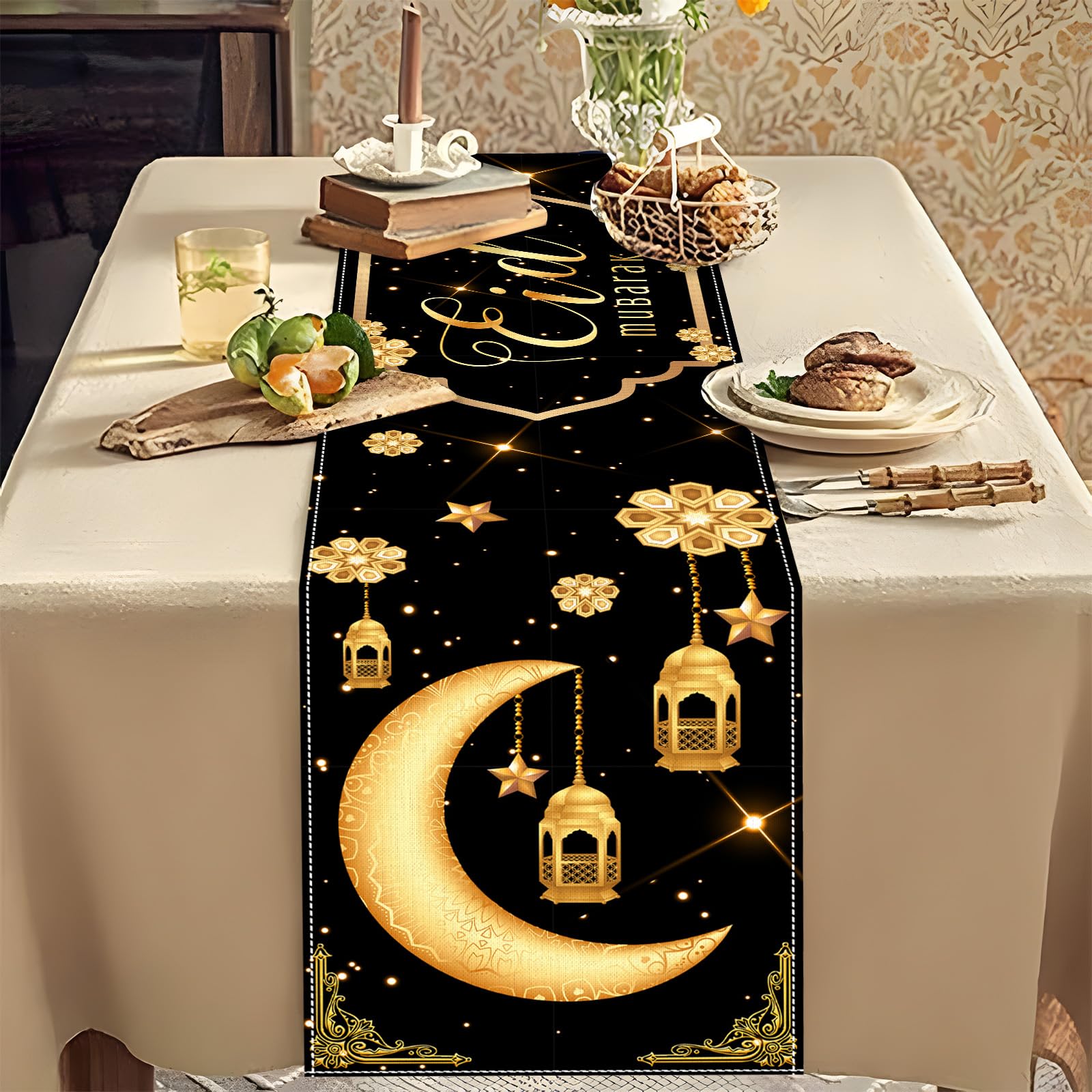 Eid Mubarak Table Runner Table Decorations,Eid Decorations for Home Black and Gold Holiday Kitchen Dining Table Runners with Moon,Star and Lantern for Islamic Table Decor Party Supplies 13 x 72 Inch