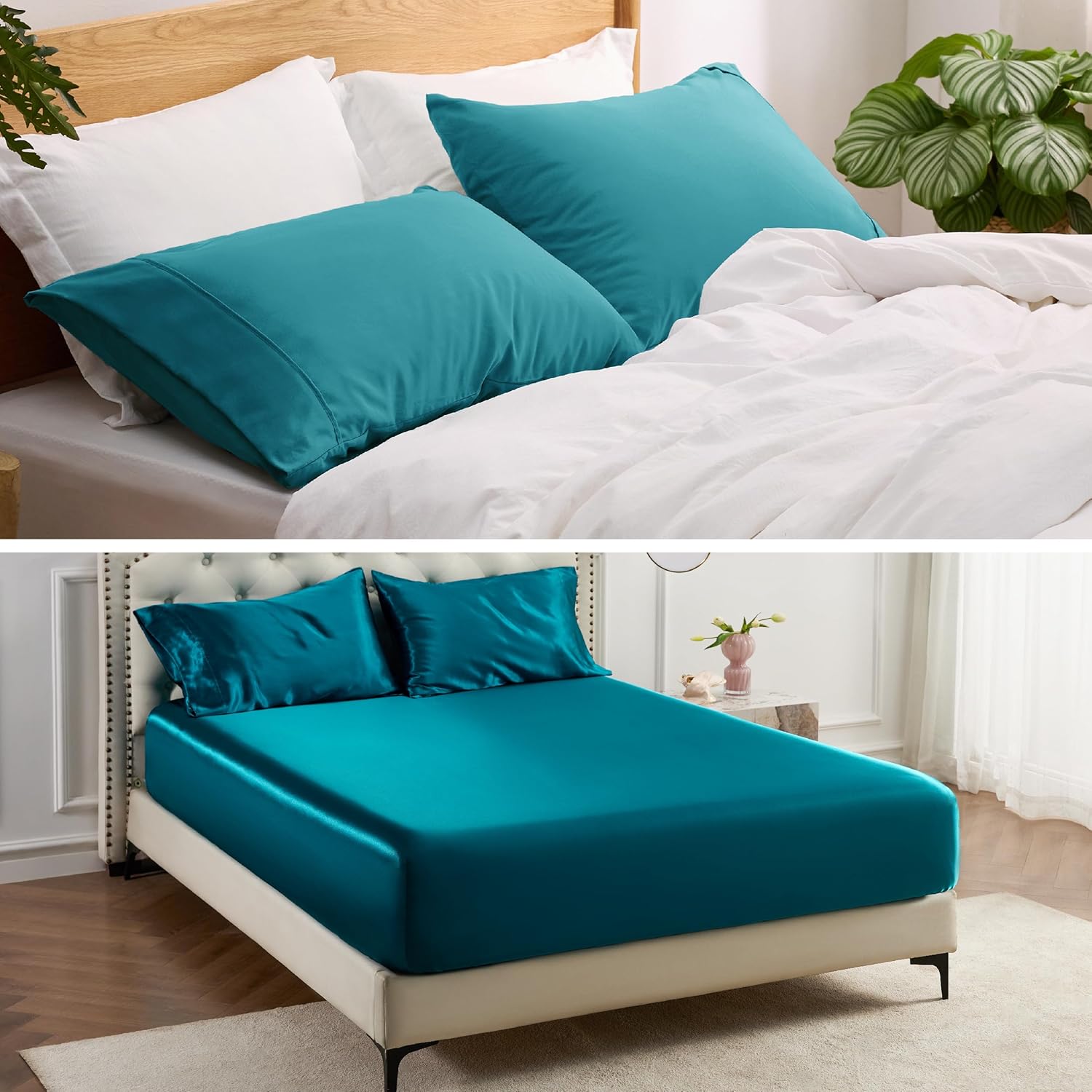 Fitted Sheet with Pillowcases: Brushed Microfiber Pillowcase 2 Pack & Satin Fitted Sheet