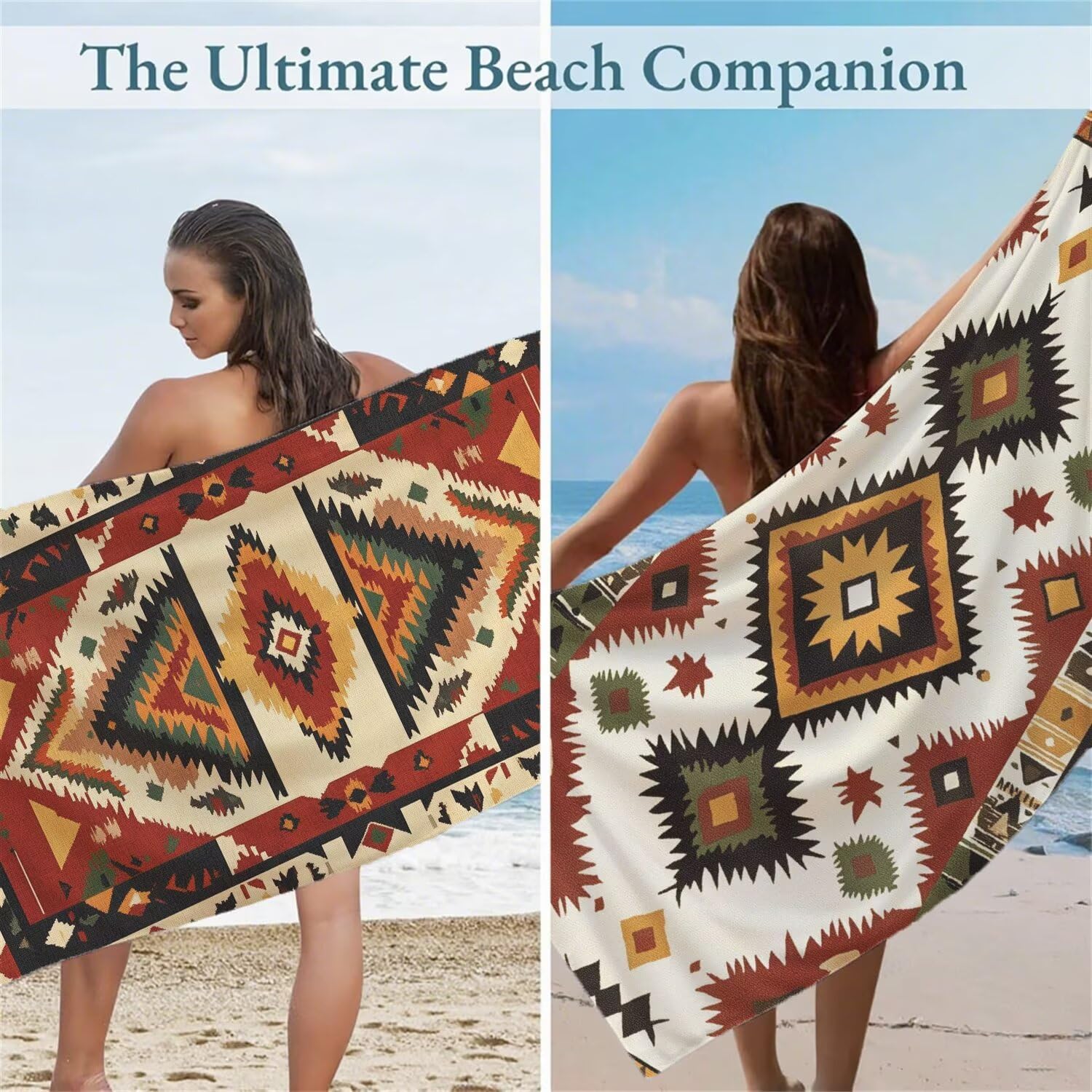Serviette de Plage 90x180cm, Rouge Serviette Microfibre Lot de 2 Bohême Motif Ultra Absorbantes Séchage Rapide Anti Sable Légère Drap de Plage avec Bouton Pression Design pour Piscine Voyages,Model317