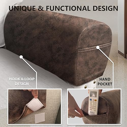 Miniatura 6 de Juego de 2 Fundas para Reposabrazos de Sofá con Aspecto de Cuero, Protectores de Brazos para Sofá y Silla, Fundas Elásticas para Sillón