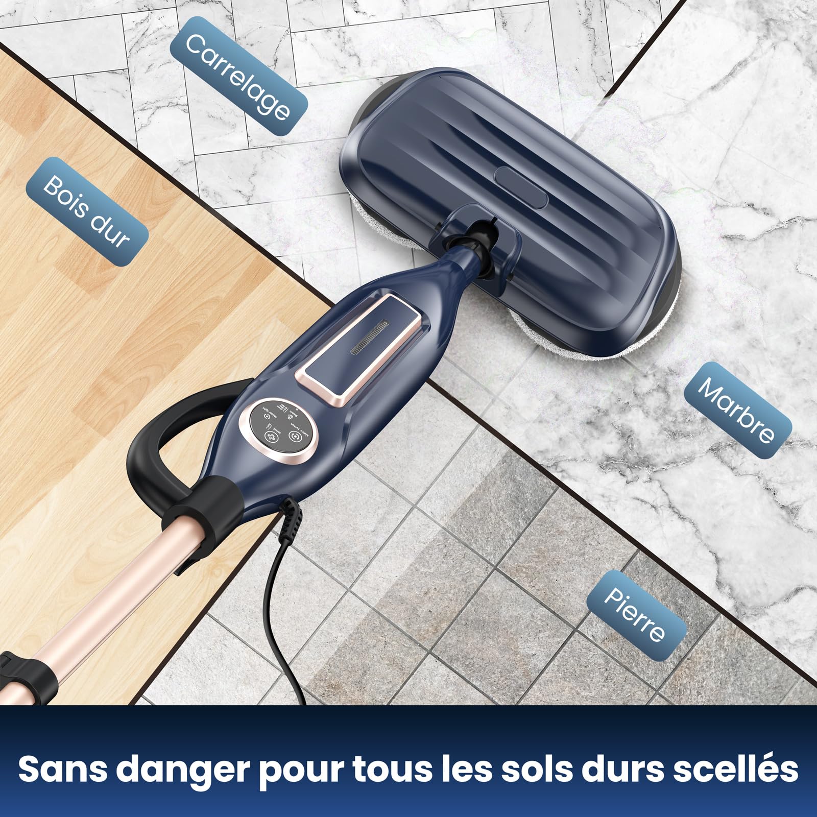 Nettoyeur Vapeur, Balai Vapeur Nettoyeur avec Tampons Rotatifs 8 en 1, Chauffe rapide en 15 secondes, 1200W Vaporetto laveur vapeur légère/3 modes de vapeur/éclairage LED pour différents types de sols