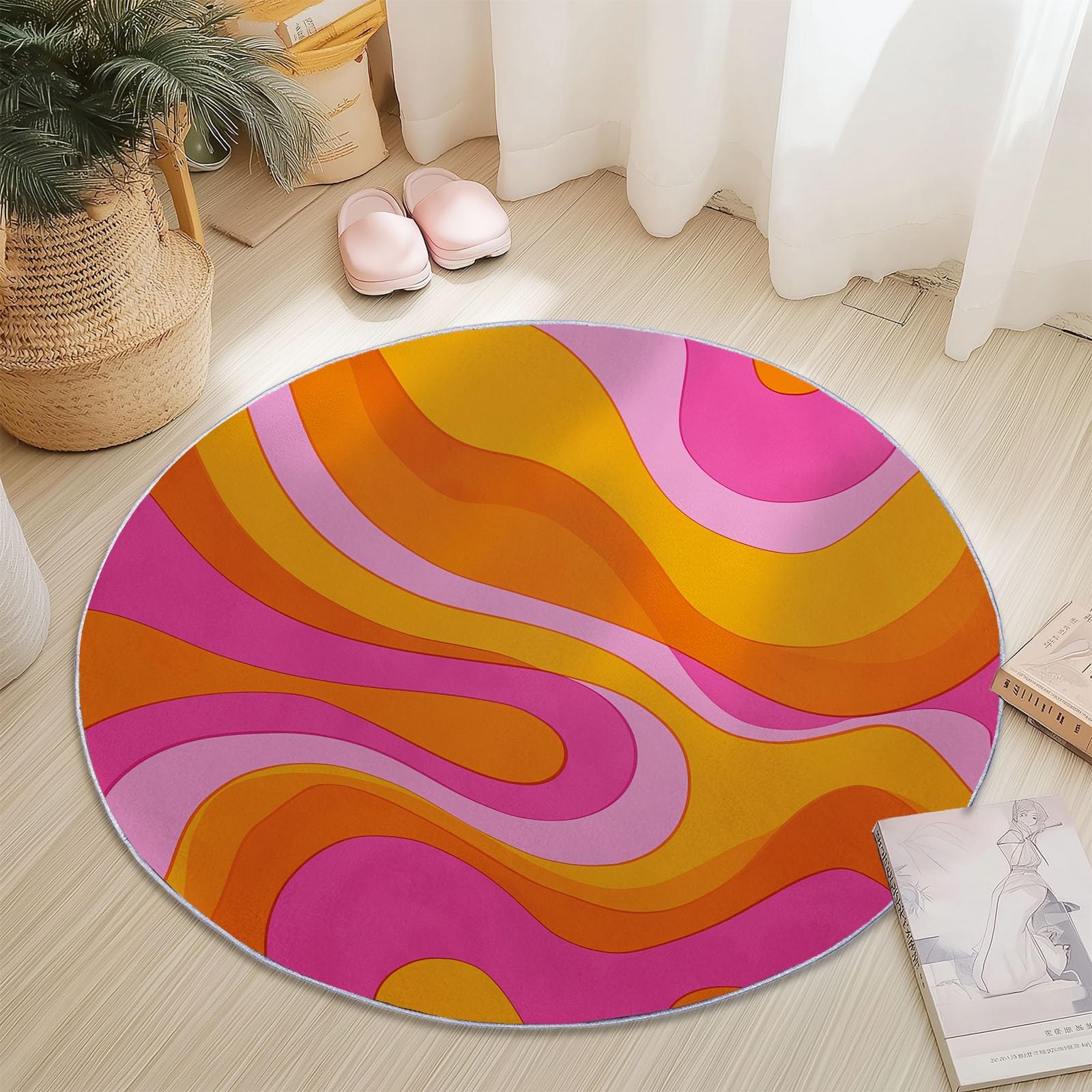 Generisch Runder Teppich 120 cm Vintage-Modekurven, rutschfest Teppiche Wohnzimmer, Waschbar Kurzflor, Weich Rosa Orange für Wohnzimmer Schlafzimmer Studie