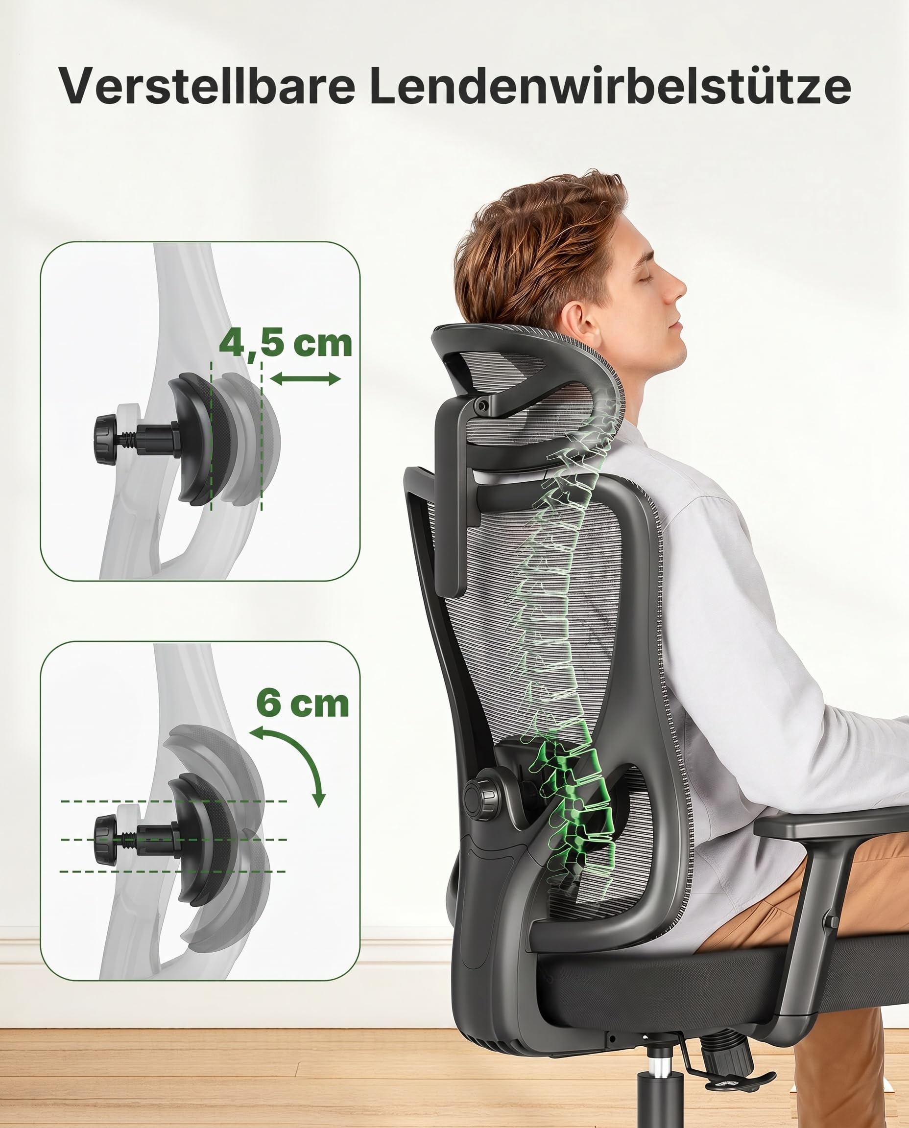Marsail Ergonomischer Bürostuhl, Schreibtischstuhl mit Verstellbarer gepolsterter Lendenwirbelstütze, 2D-Kopfstütze und Armlehnen, konturiertem Sitzkissen, 104°–130° arretierbarem Wippmechanismus