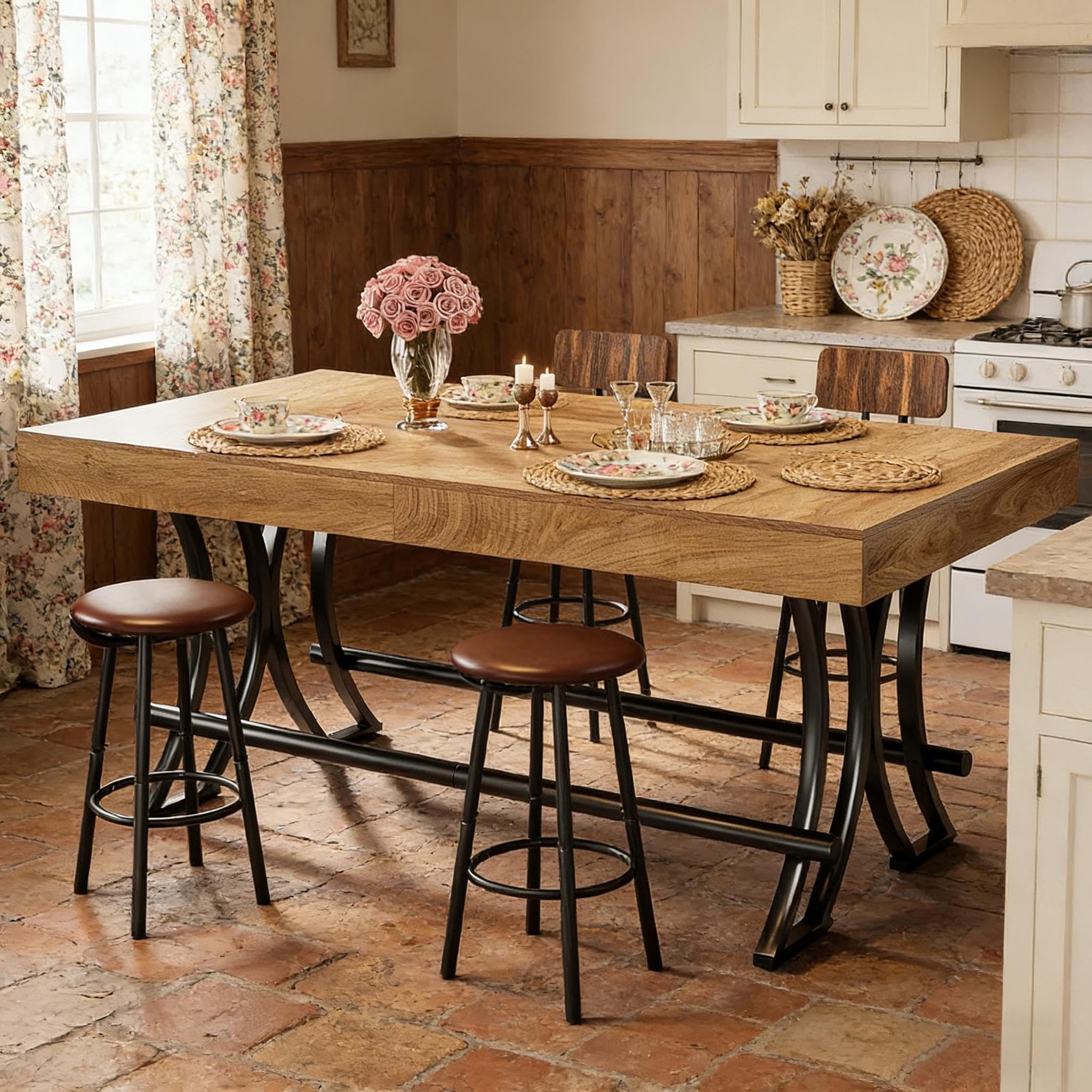 Tavolo da bar a isola da cucina, 160 x 70 cm, tavolo da pranzo industriale per 6-8 persone, altezza 90 cm, con poggiapiedi, effetto legno e metallo, nero/marrone