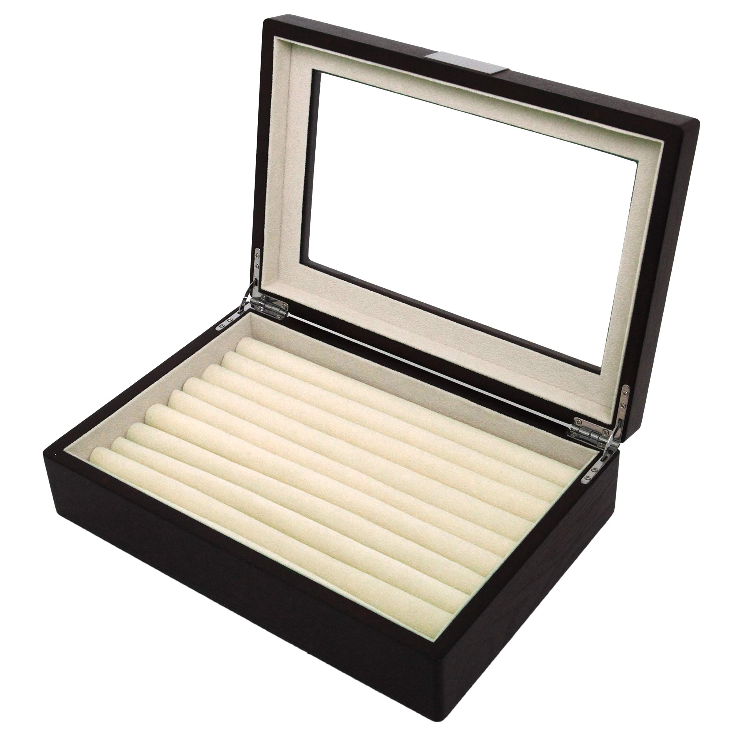 Tech Swiss Ring Cuff Link Box Storage Wood Glass Window Engravable Plate (Brown Espresso)